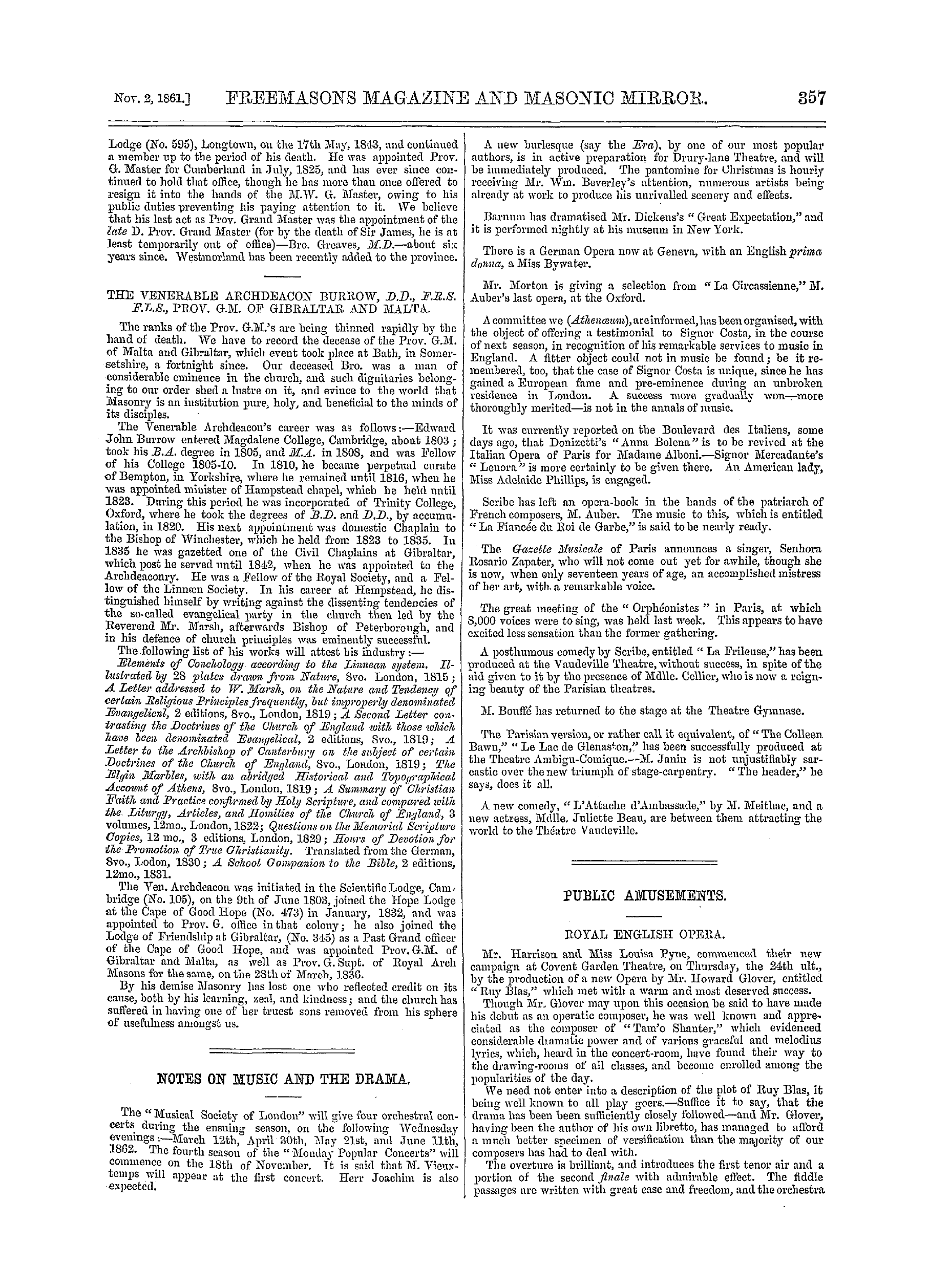 The Freemasons' Monthly Magazine: 1861-11-02 - Public Amusements.
