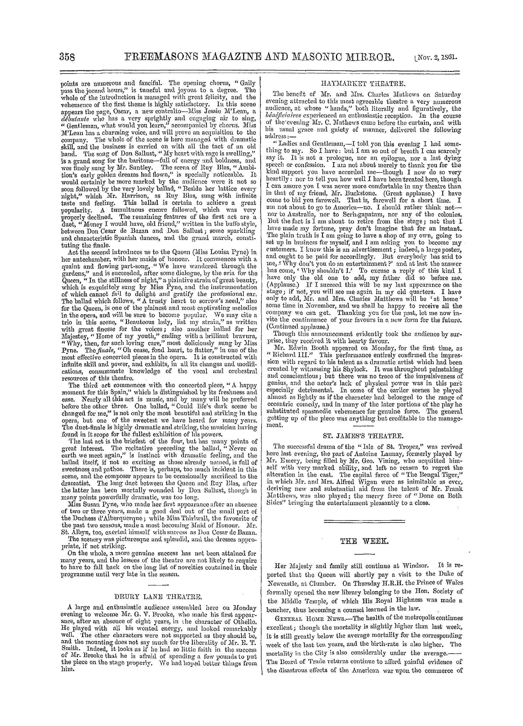 The Freemasons' Monthly Magazine: 1861-11-02 - The Week.