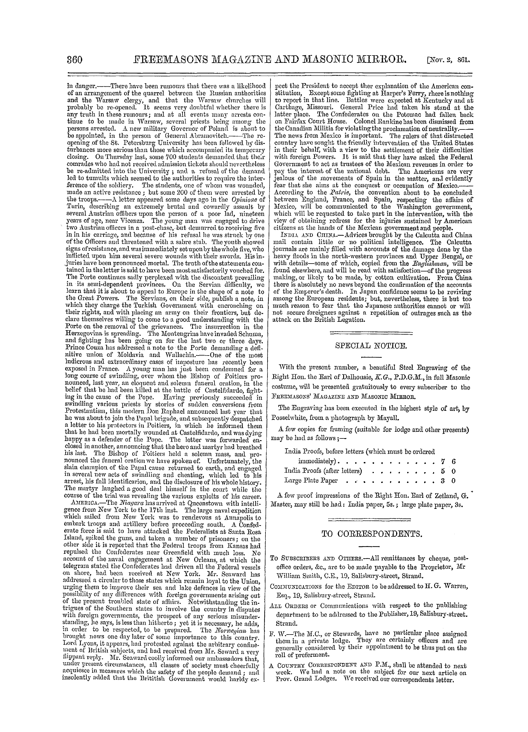 The Freemasons' Monthly Magazine: 1861-11-02 - The Week.