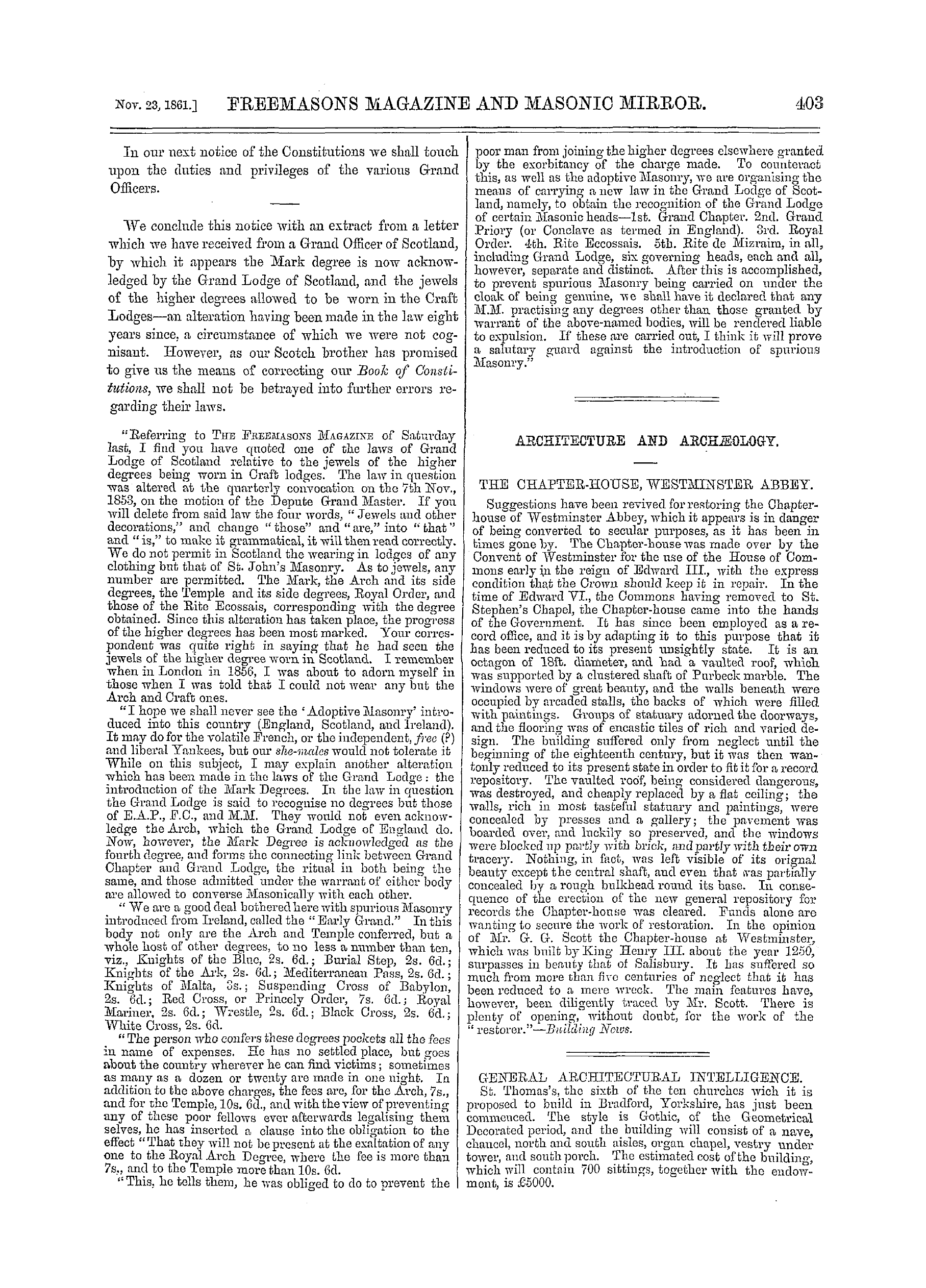 The Freemasons' Monthly Magazine: 1861-11-23 - Architecture And Archæology .