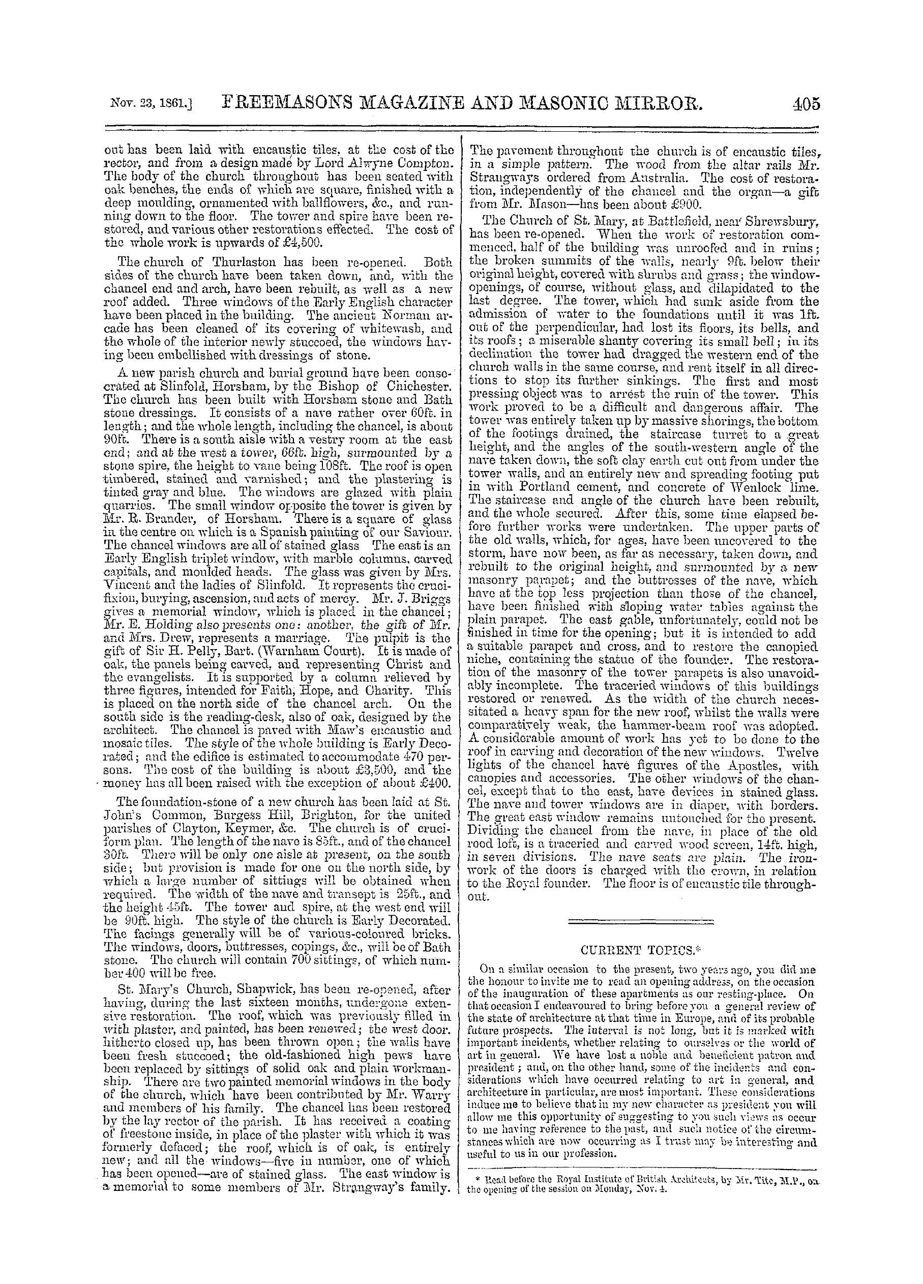 The Freemasons' Monthly Magazine: 1861-11-23 - Current Topics.*