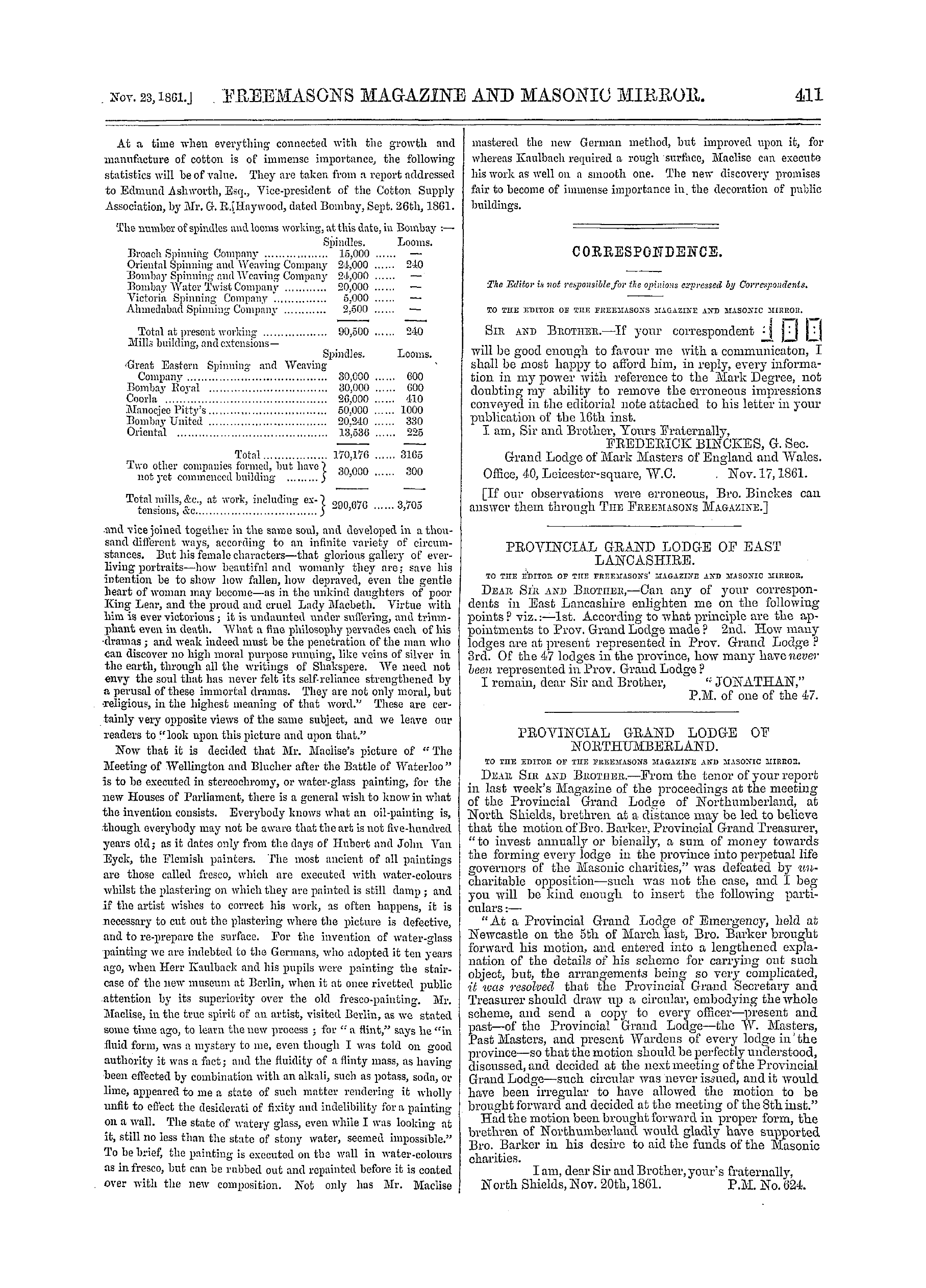 The Freemasons' Monthly Magazine: 1861-11-23 - Correspondence.