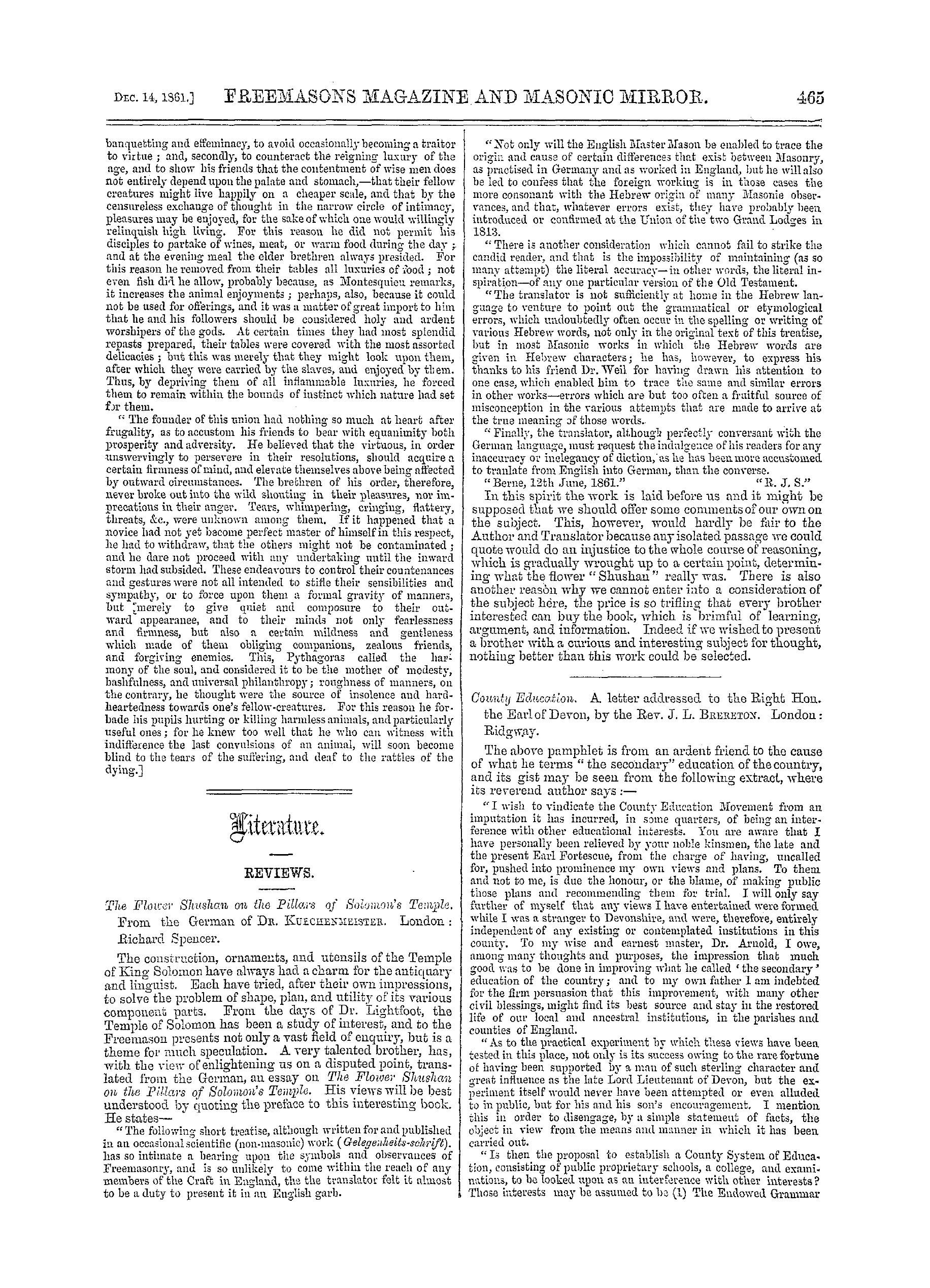 The Freemasons' Monthly Magazine: 1861-12-14 - Literature.