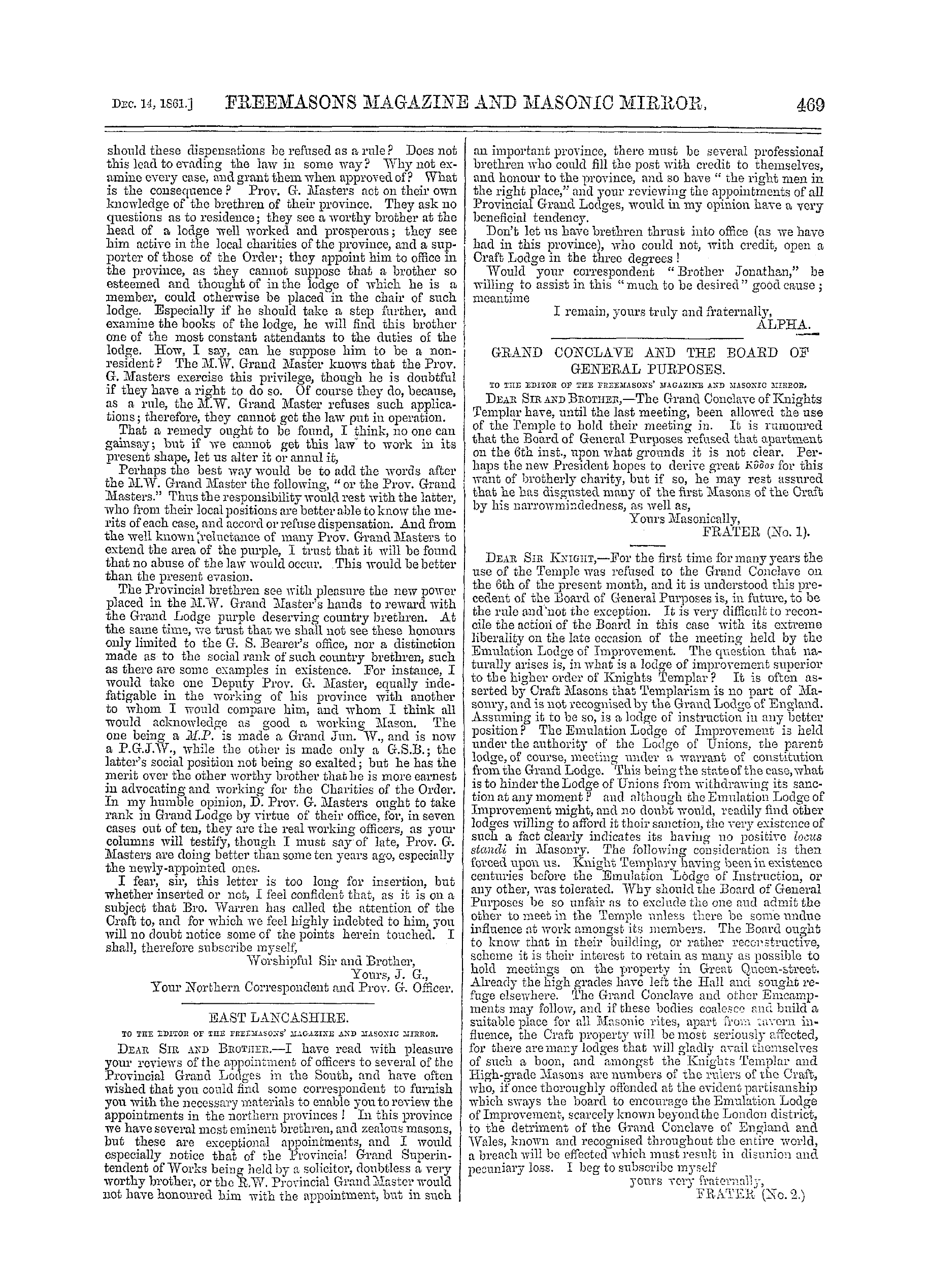 The Freemasons' Monthly Magazine: 1861-12-14 - East Lancashire.