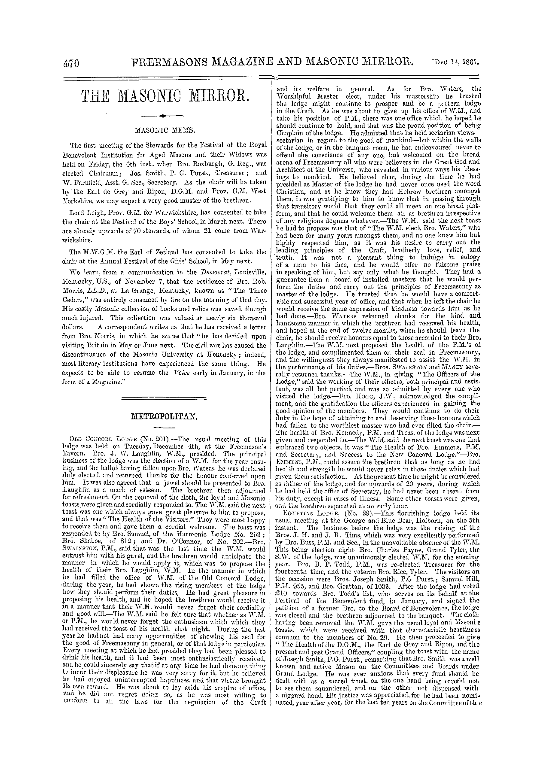 The Freemasons' Monthly Magazine: 1861-12-14 - The Masonic Mirror.