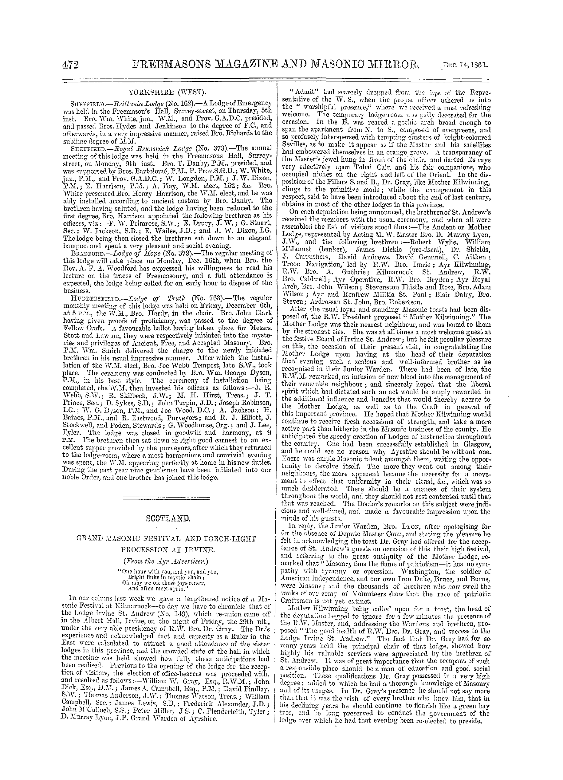 The Freemasons' Monthly Magazine: 1861-12-14 - Scotland.