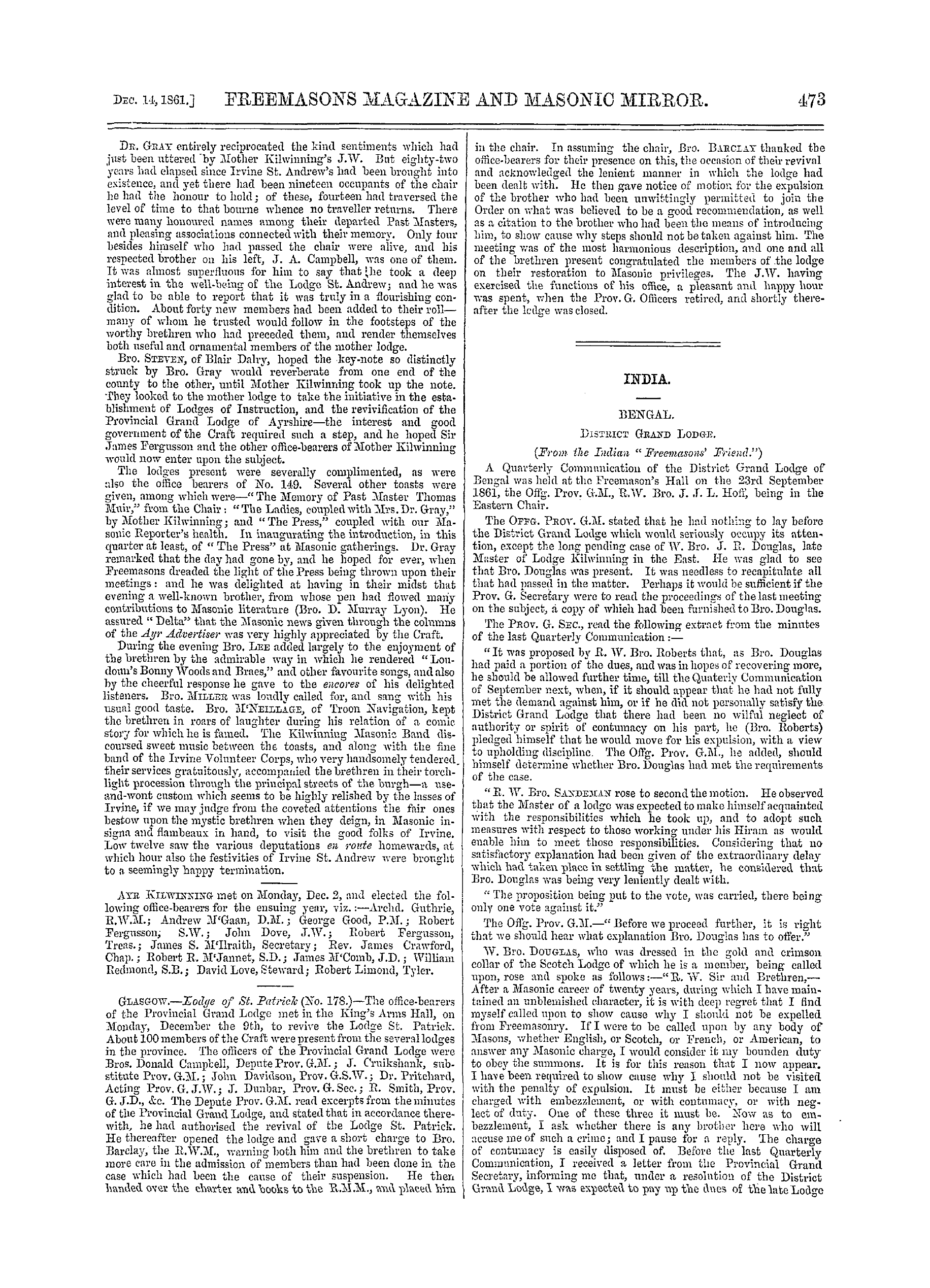 The Freemasons' Monthly Magazine: 1861-12-14 - Scotland.