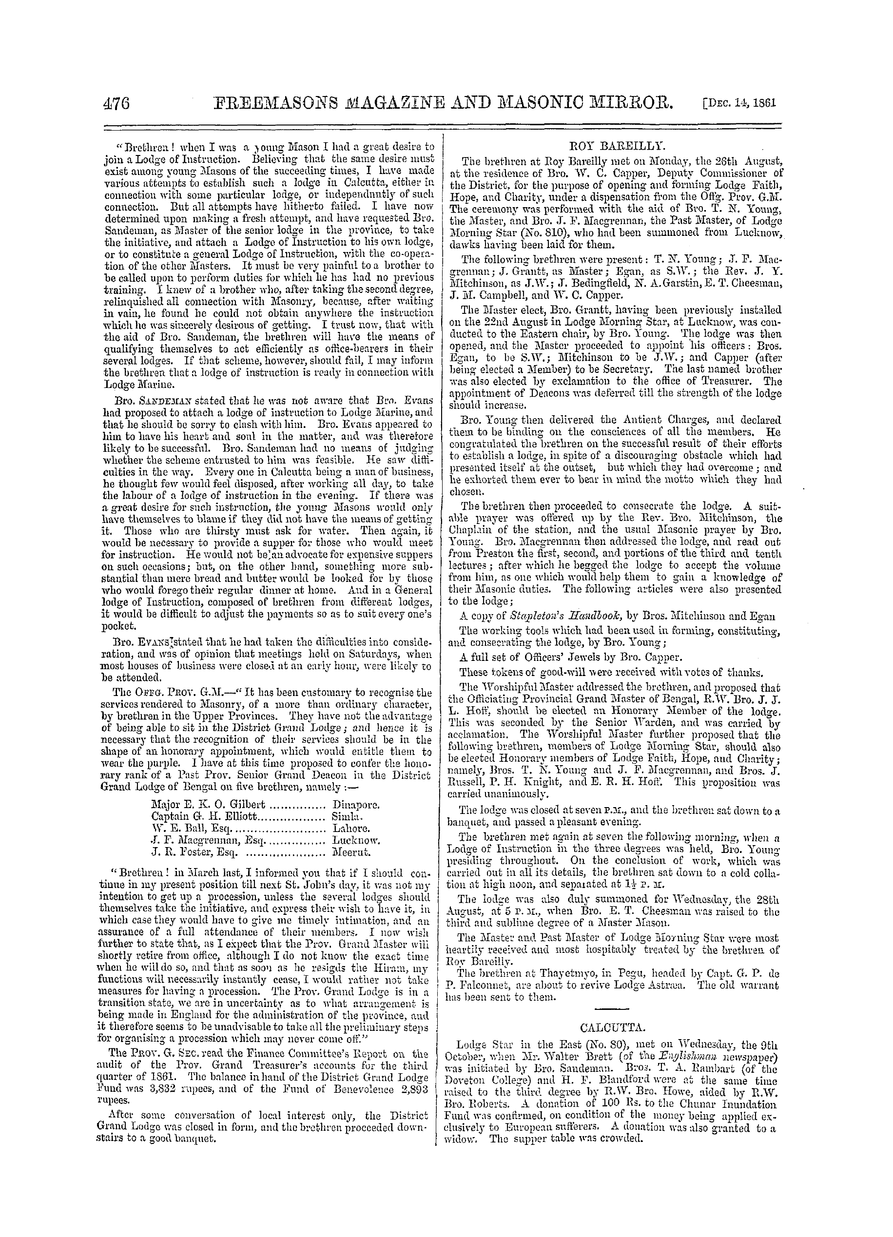The Freemasons' Monthly Magazine: 1861-12-14 - India.