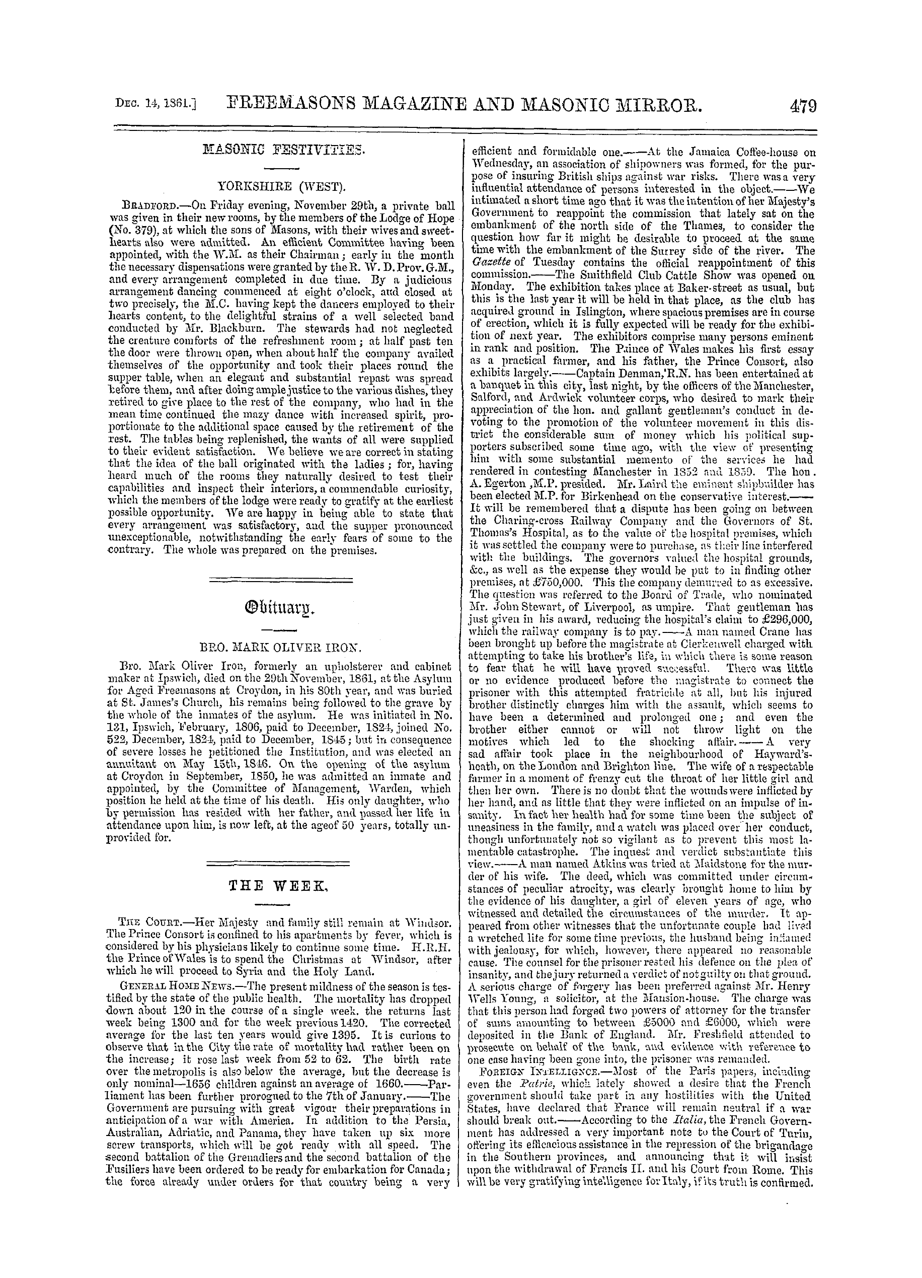 The Freemasons' Monthly Magazine: 1861-12-14 - Masonic Festivities.