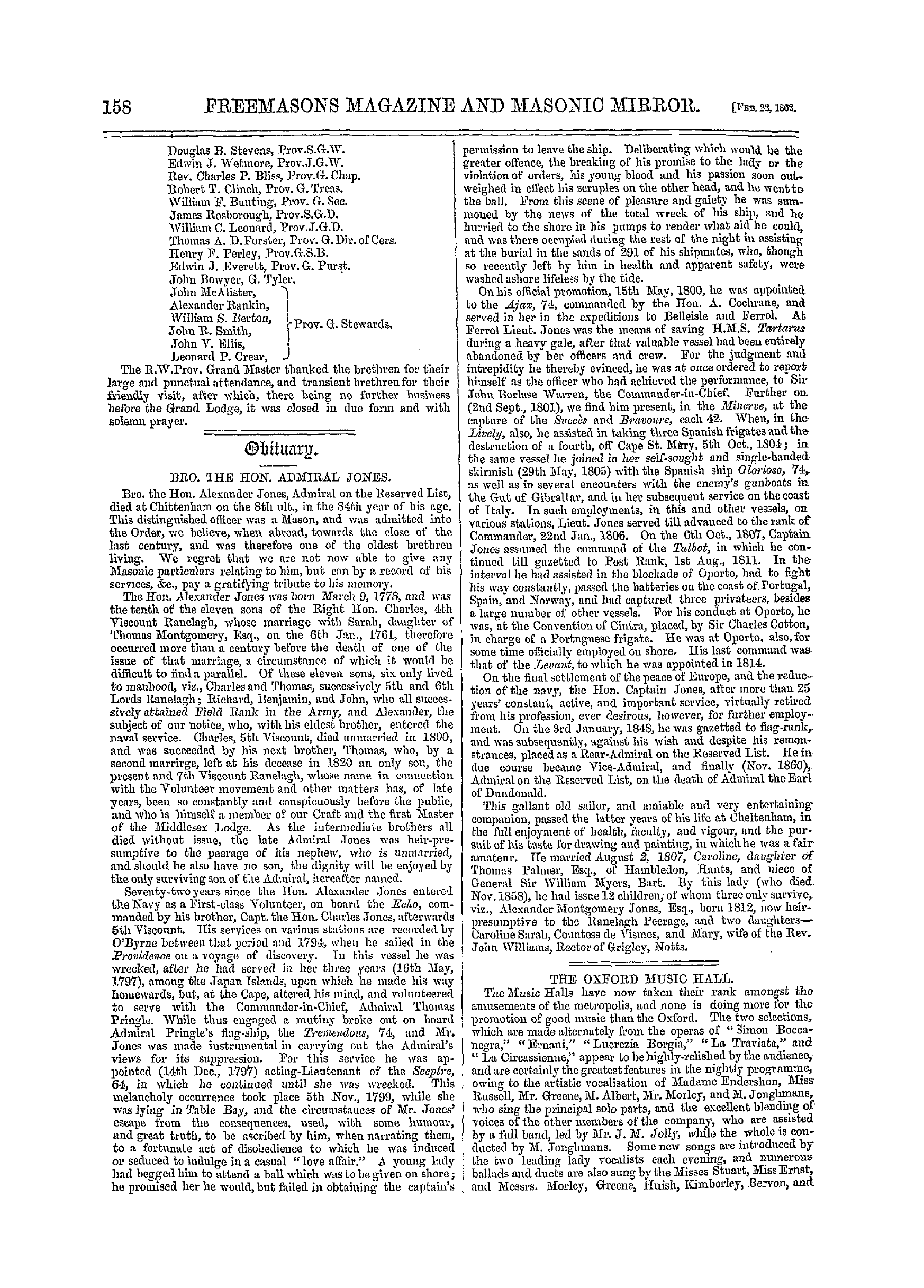 The Freemasons' Monthly Magazine: 1862-02-22 - The Oxford Music Hall.