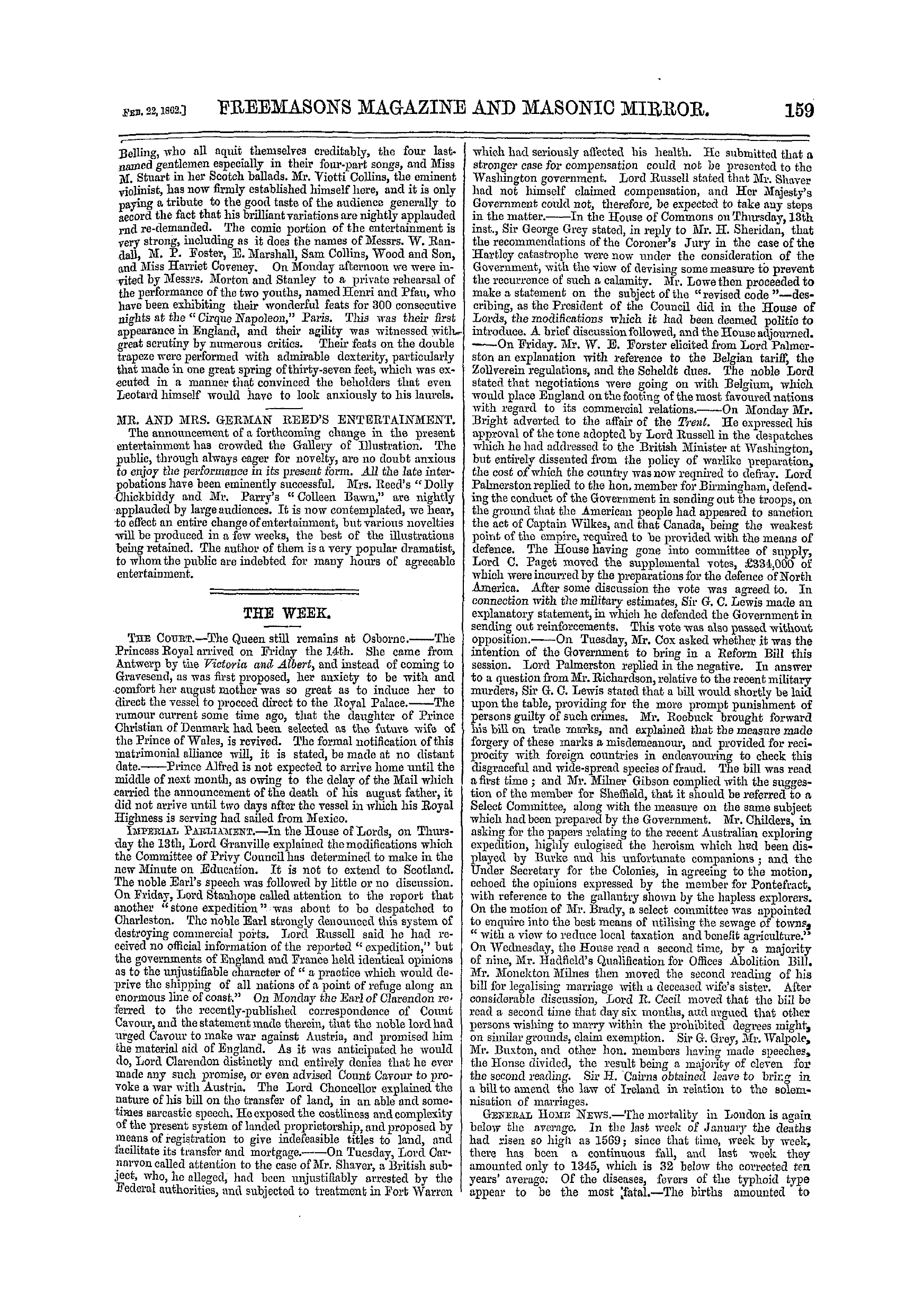 The Freemasons' Monthly Magazine: 1862-02-22 - The Oxford Music Hall.