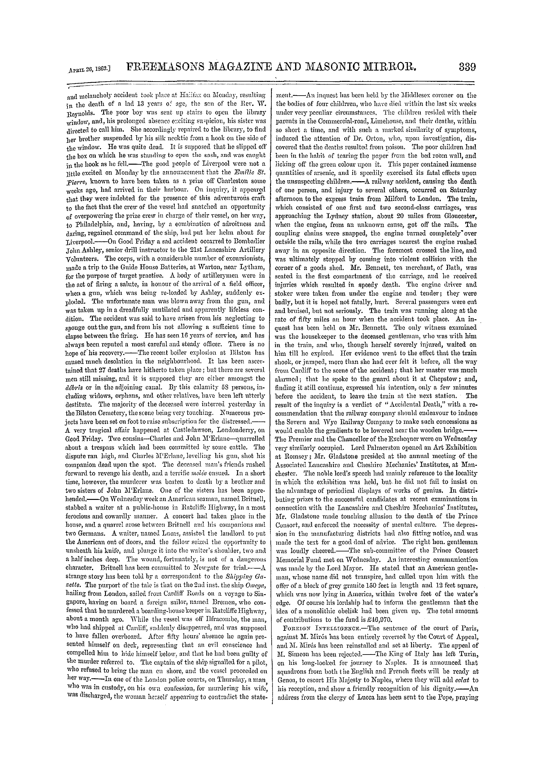 The Freemasons' Monthly Magazine: 1862-04-26 - The Week.