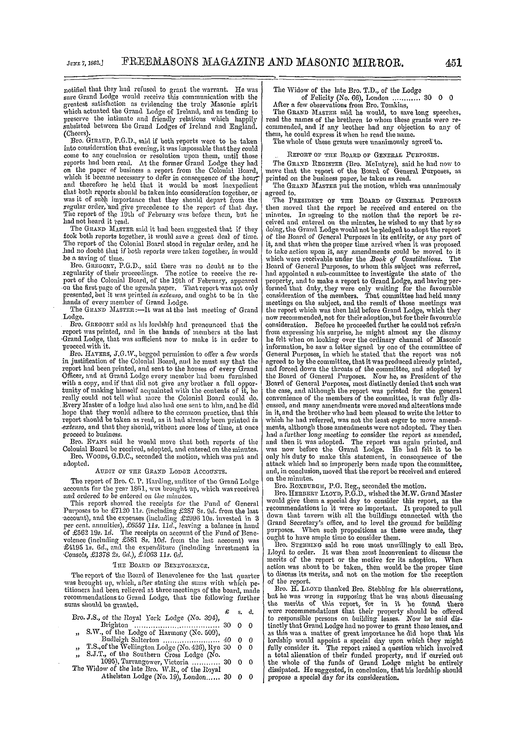 The Freemasons' Monthly Magazine: 1862-06-07 - Grand Lodge.