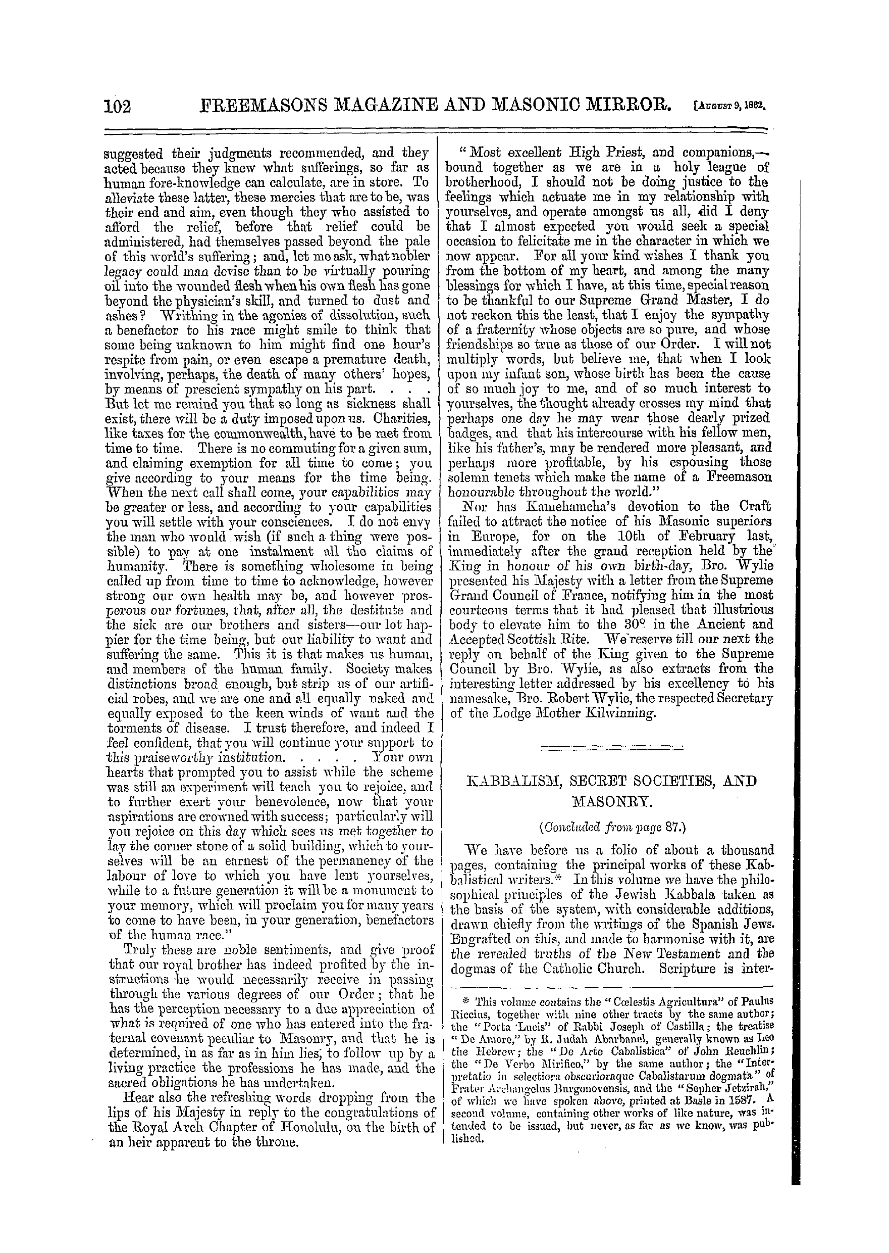 The Freemasons' Monthly Magazine: 1862-08-09 - Kabbalism, Secret Societies, And Masonry.