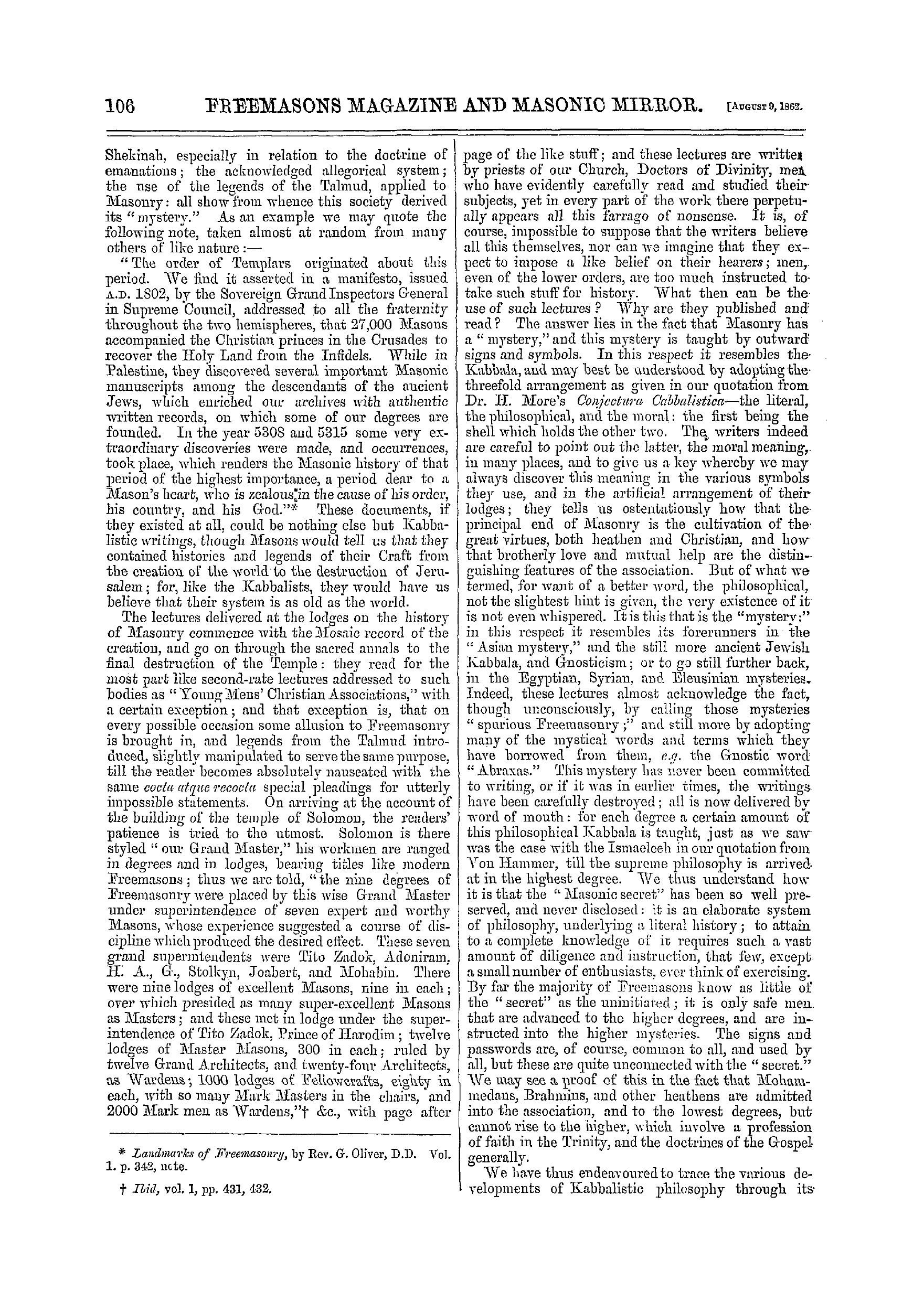 The Freemasons' Monthly Magazine: 1862-08-09 - Kabbalism, Secret Societies, And Masonry.