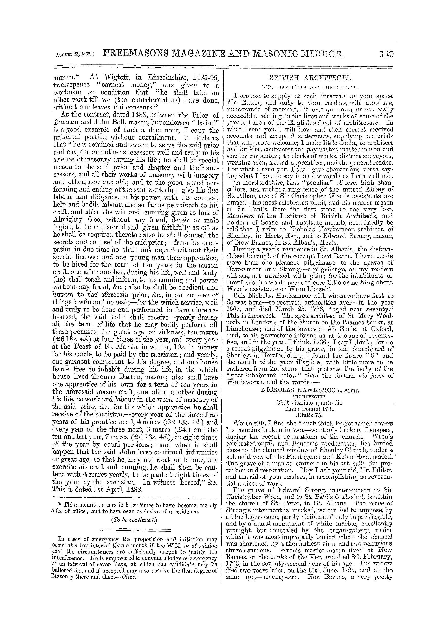 The Freemasons' Monthly Magazine: 1862-08-23 - Masons Of England And Their Works.