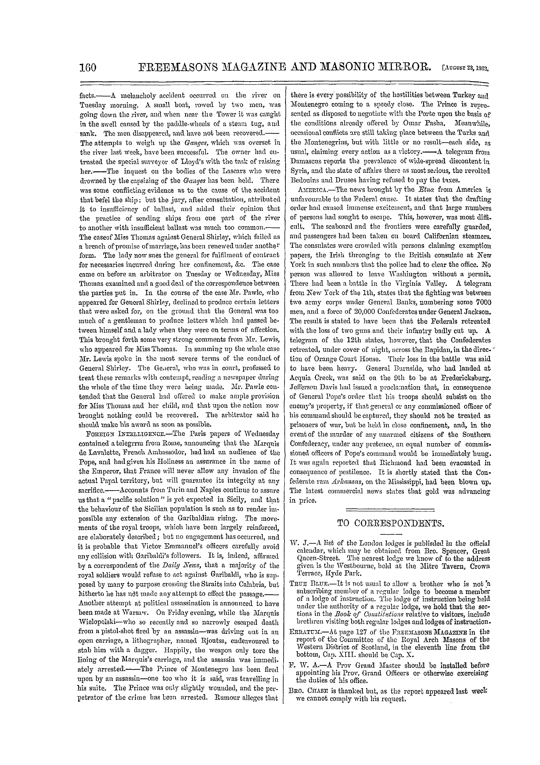 The Freemasons' Monthly Magazine: 1862-08-23 - The Week.