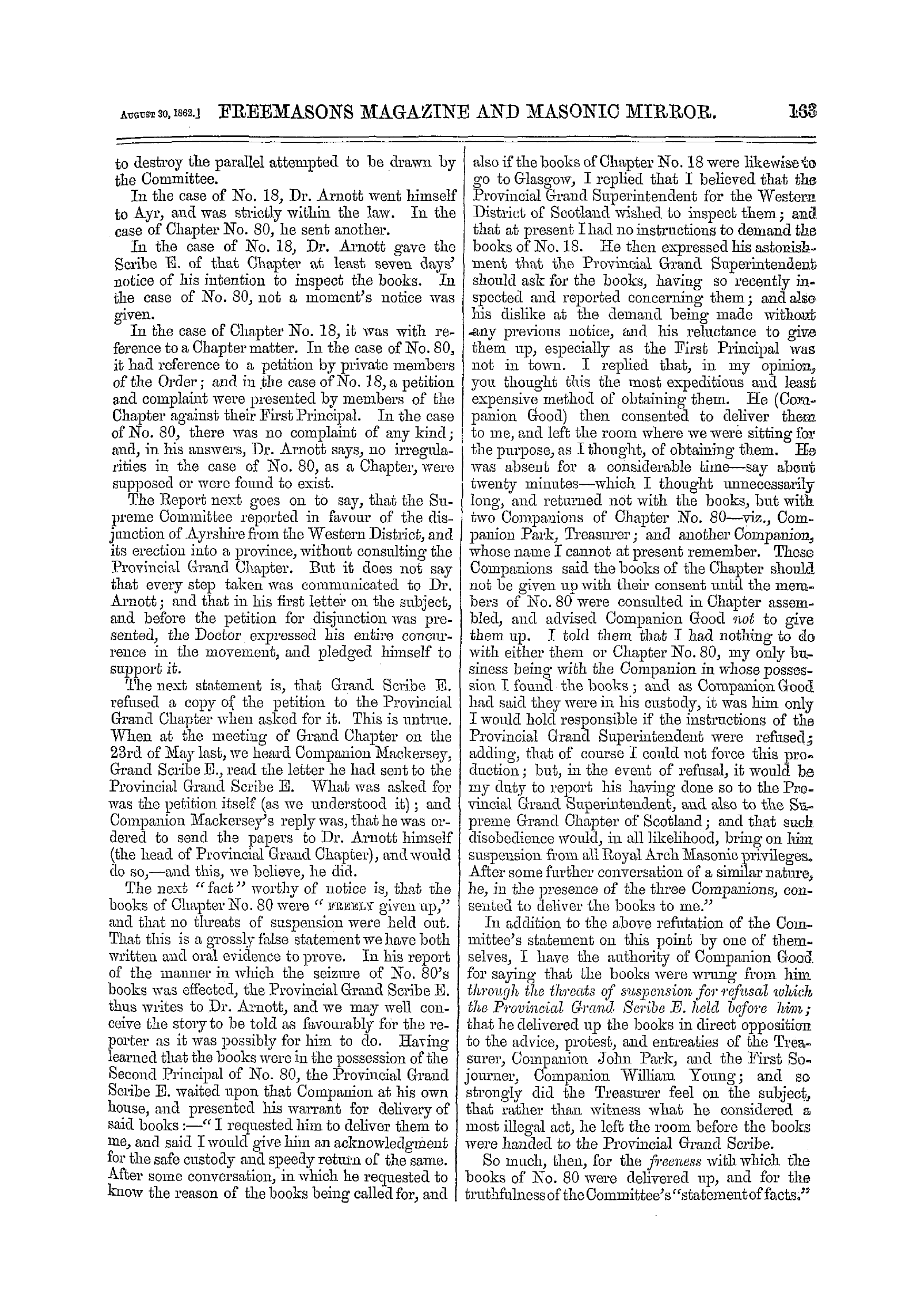 The Freemasons' Monthly Magazine: 1862-08-30 - The Threatened Secession From The Supreme Grand Royal Arch Chapter Of Scotland. No. Iii.