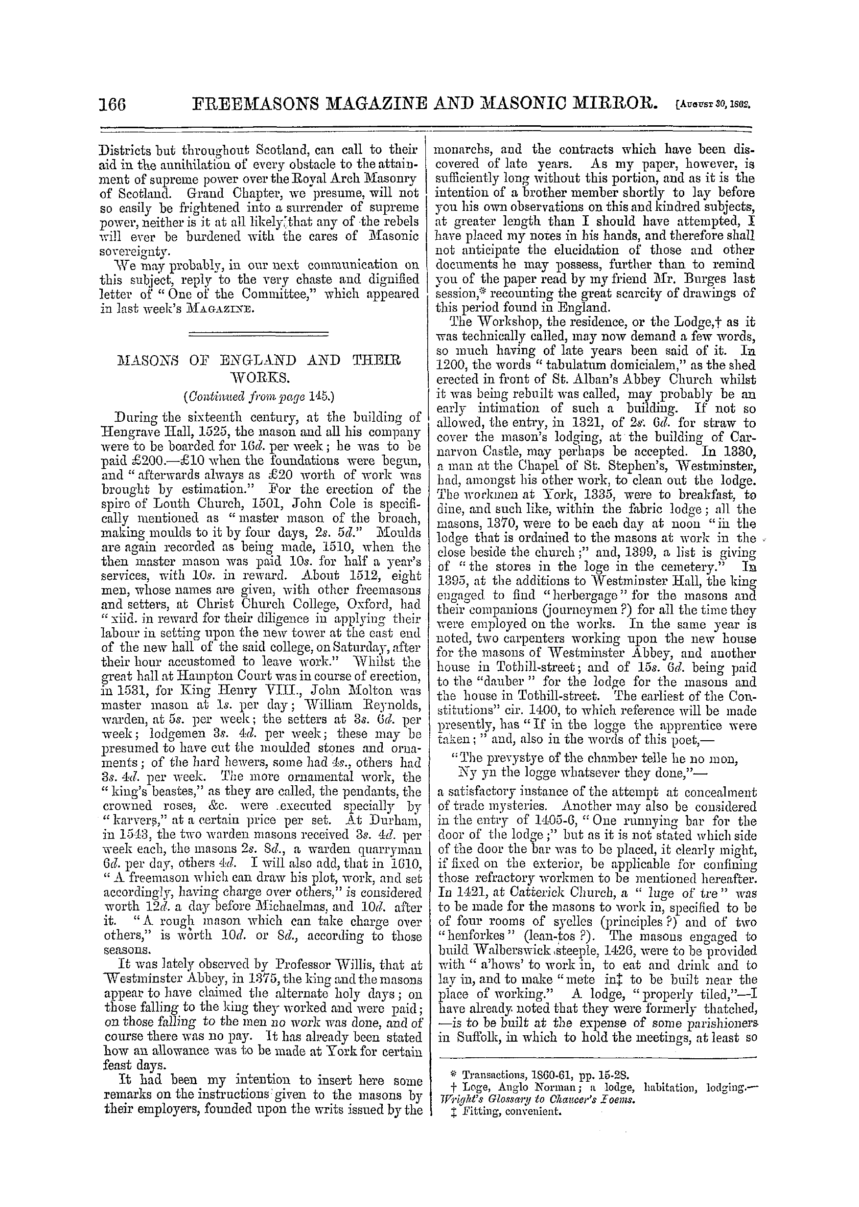 The Freemasons' Monthly Magazine: 1862-08-30 - Masons Of England And Their Works.