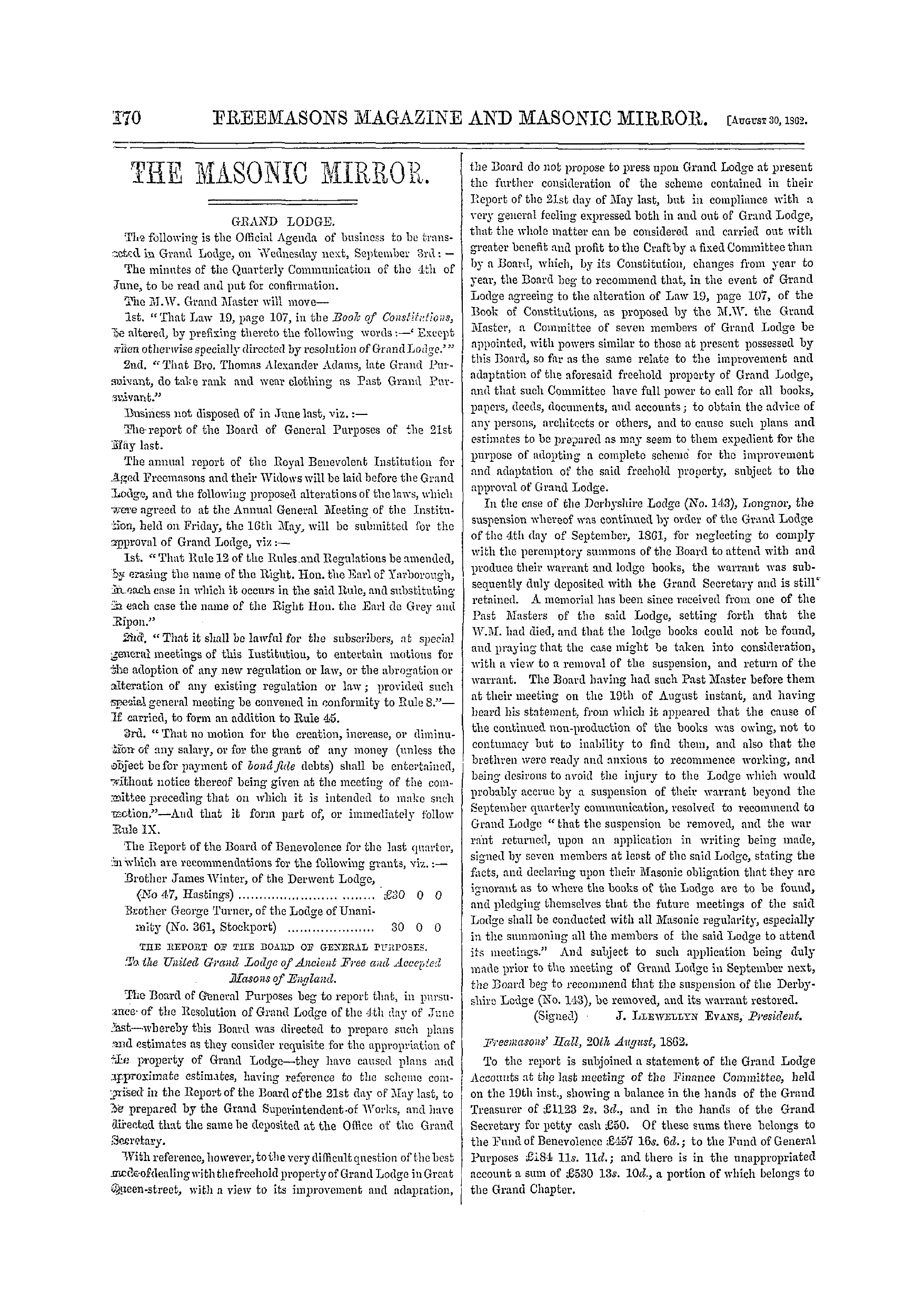 The Freemasons' Monthly Magazine: 1862-08-30 - The Masonic Mirror.