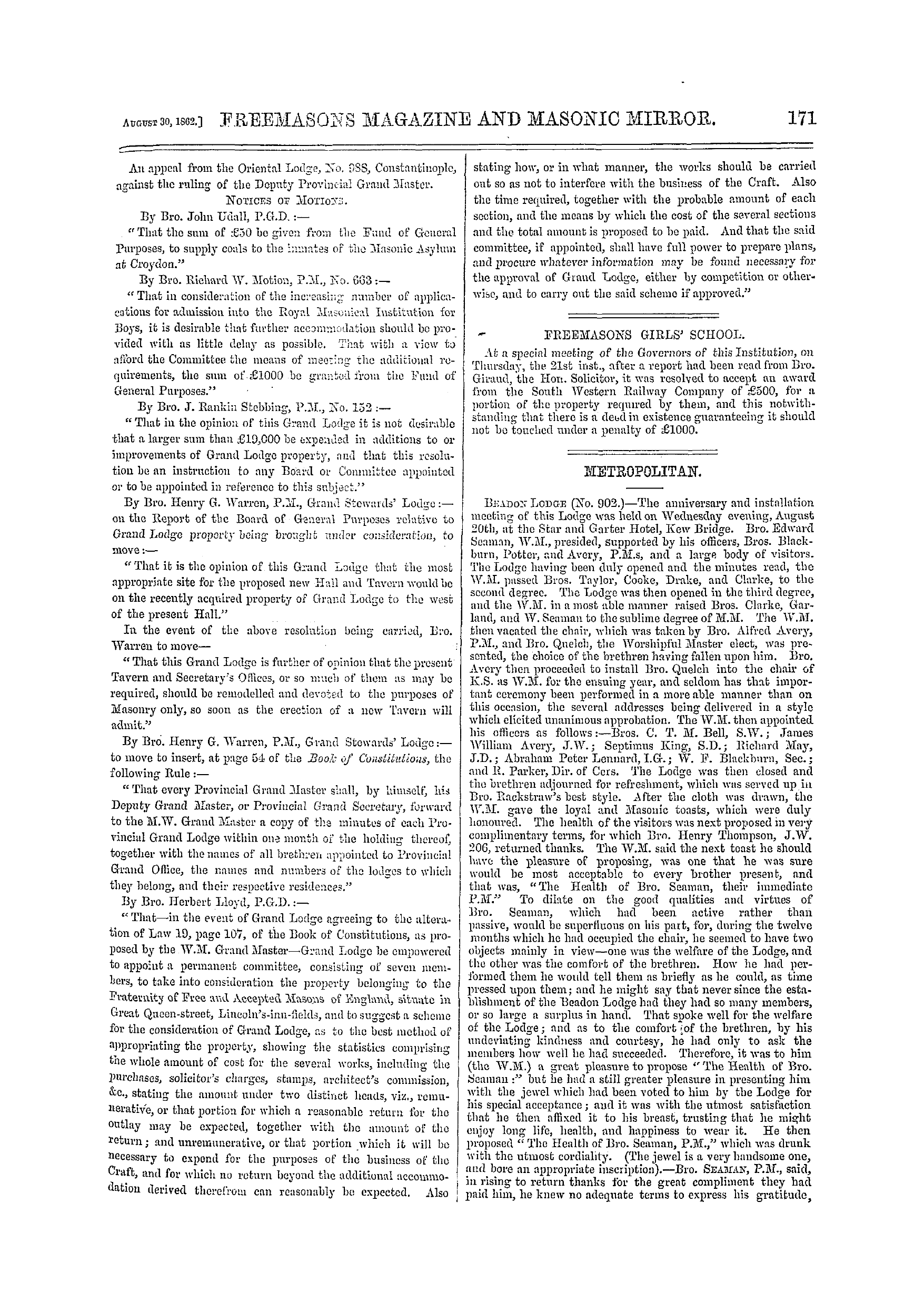 The Freemasons' Monthly Magazine: 1862-08-30 - Metropolitan.