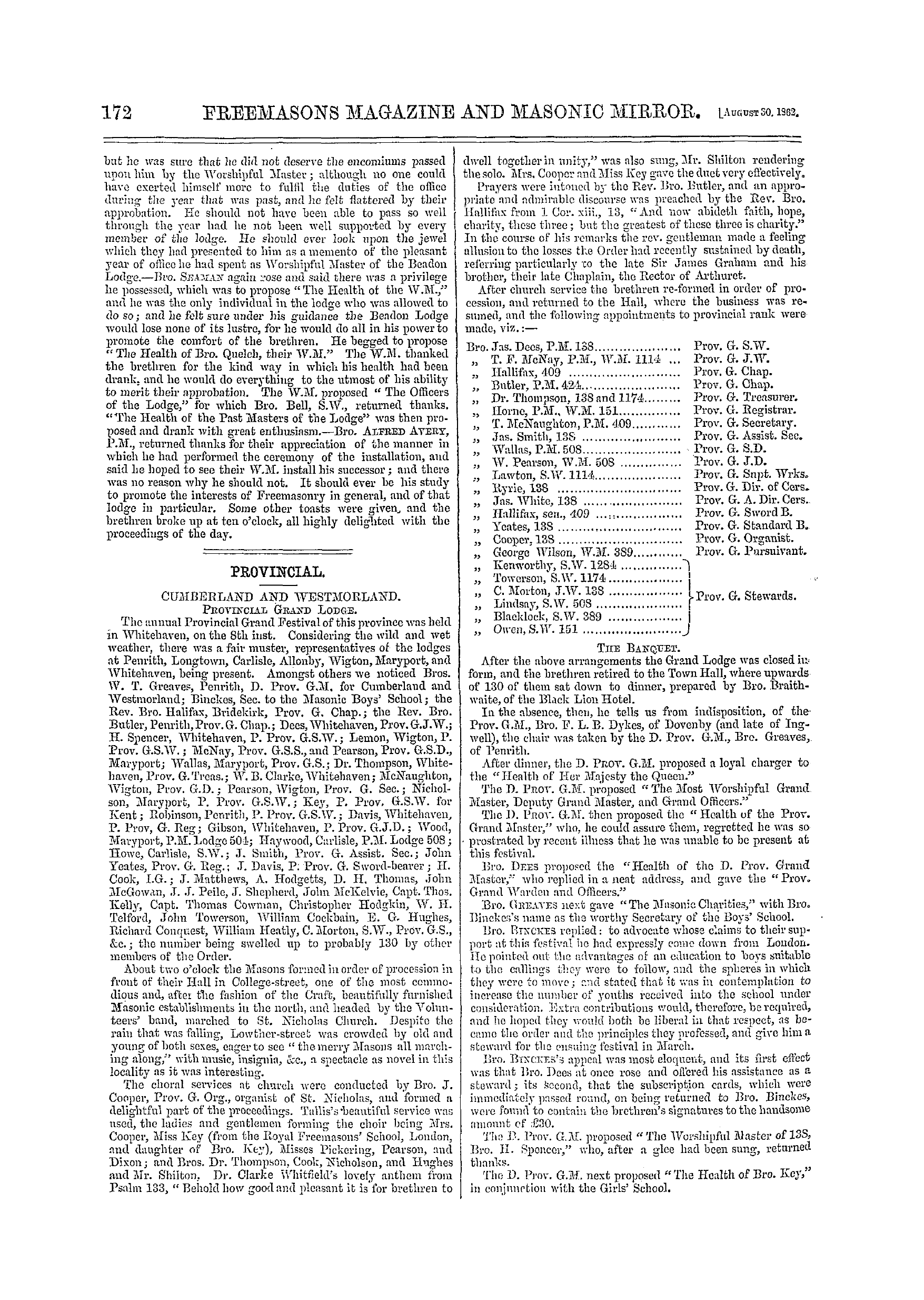 The Freemasons' Monthly Magazine: 1862-08-30 - Metropolitan.