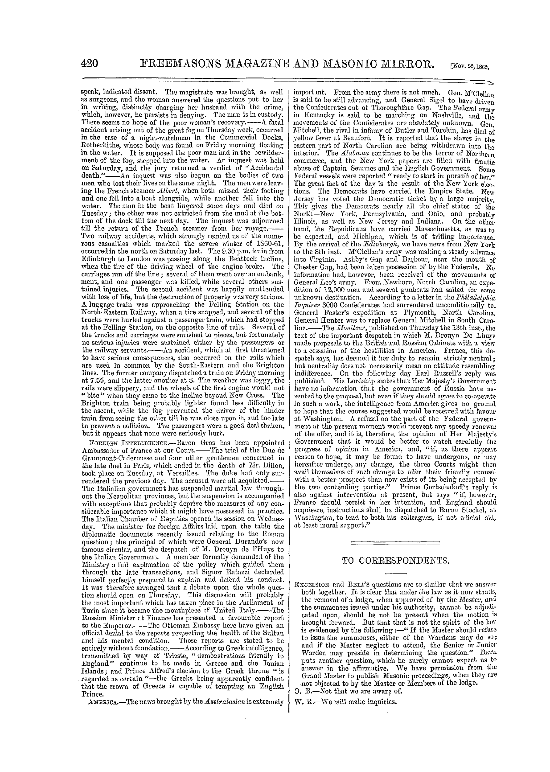 The Freemasons' Monthly Magazine: 1862-11-22: 20