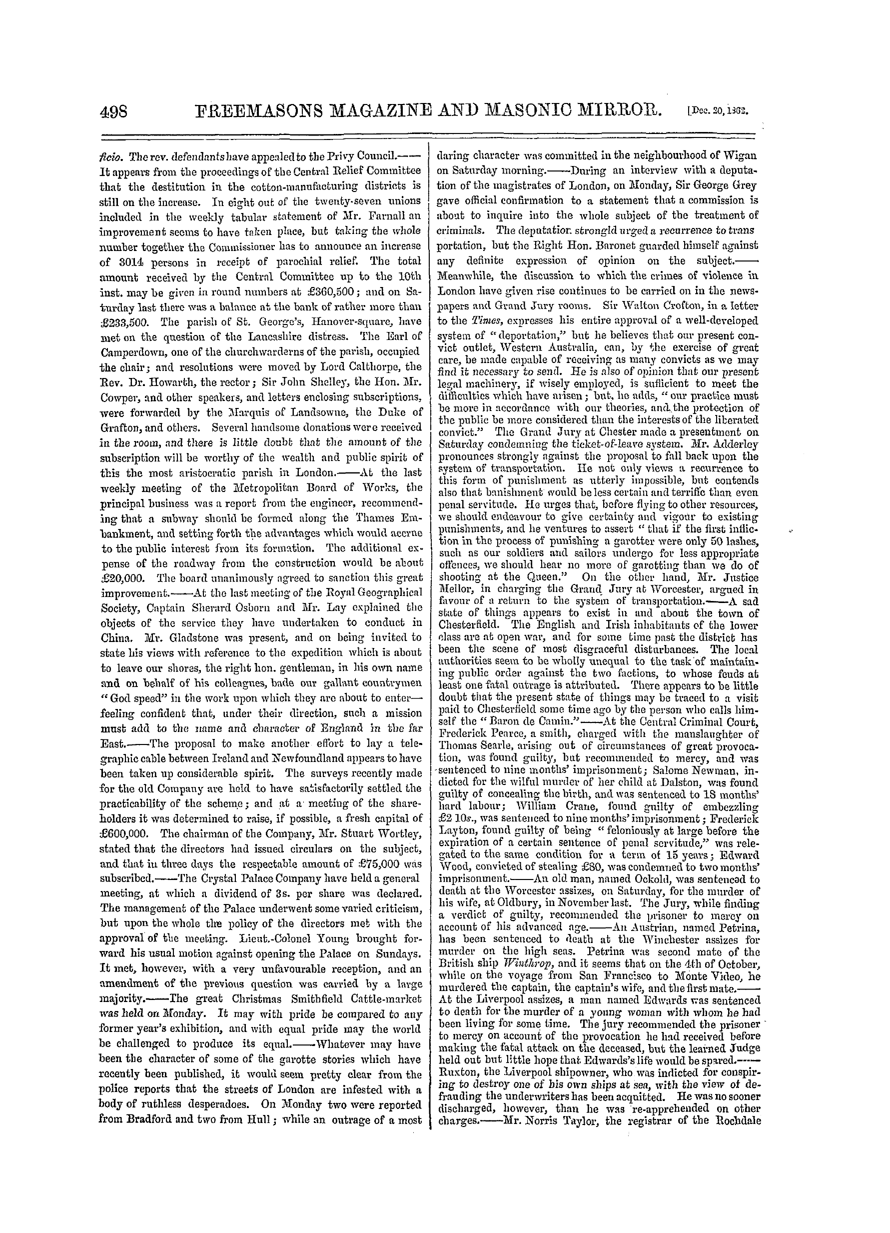 The Freemasons' Monthly Magazine: 1862-12-20 - The Week.