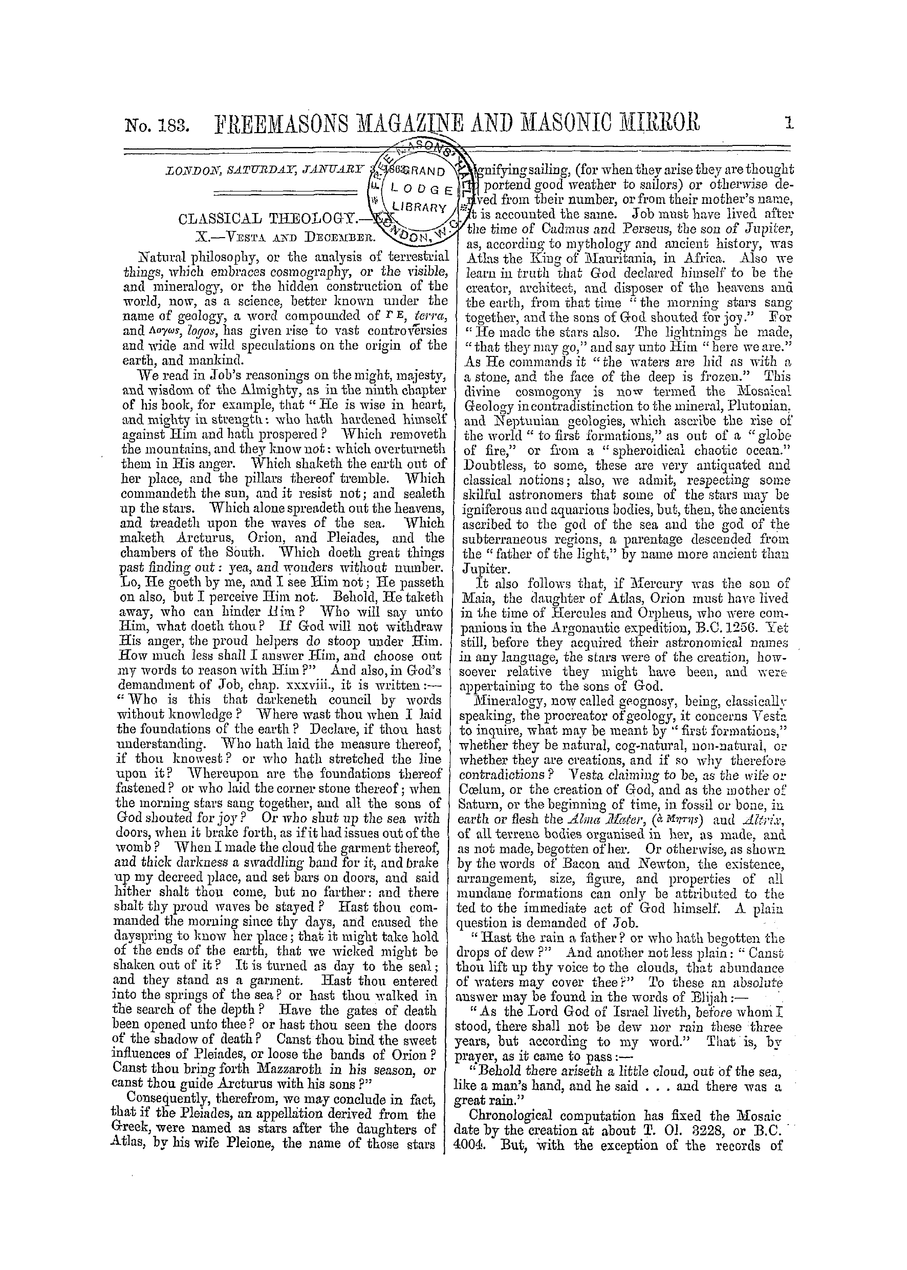 The Freemasons' Monthly Magazine: 1863-01-03 - Classical Theology.