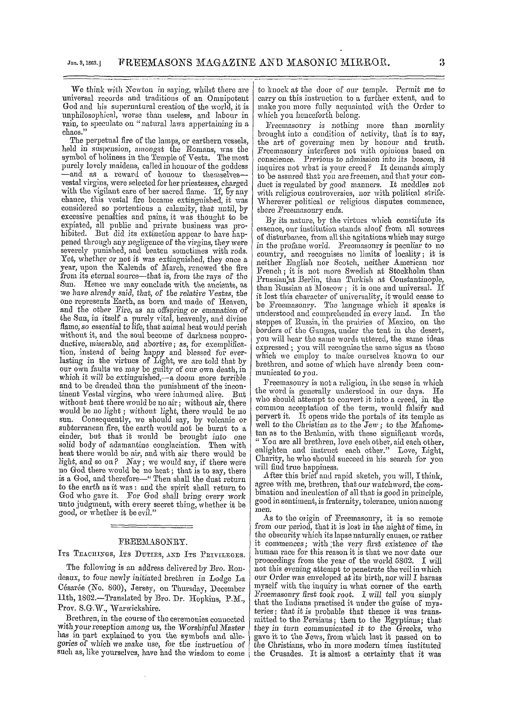 The Freemasons' Monthly Magazine: 1863-01-03 - Freemasonry.