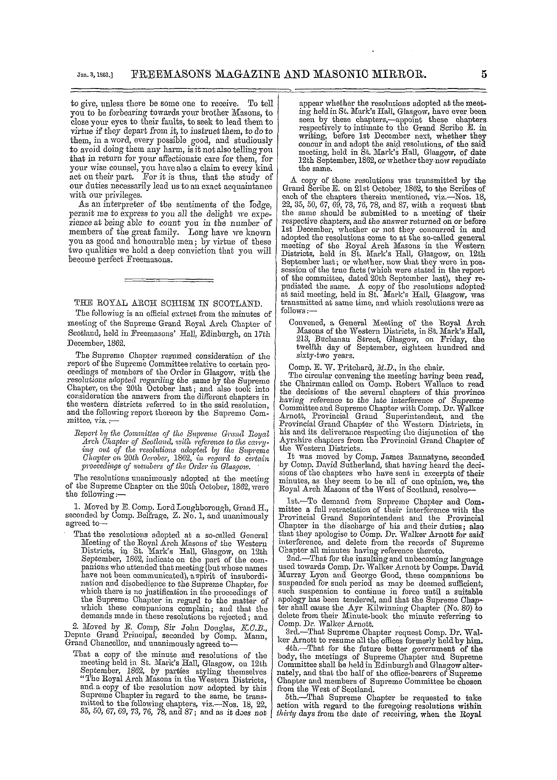 The Freemasons' Monthly Magazine: 1863-01-03 - The Royal Arch Schism In Scotland.