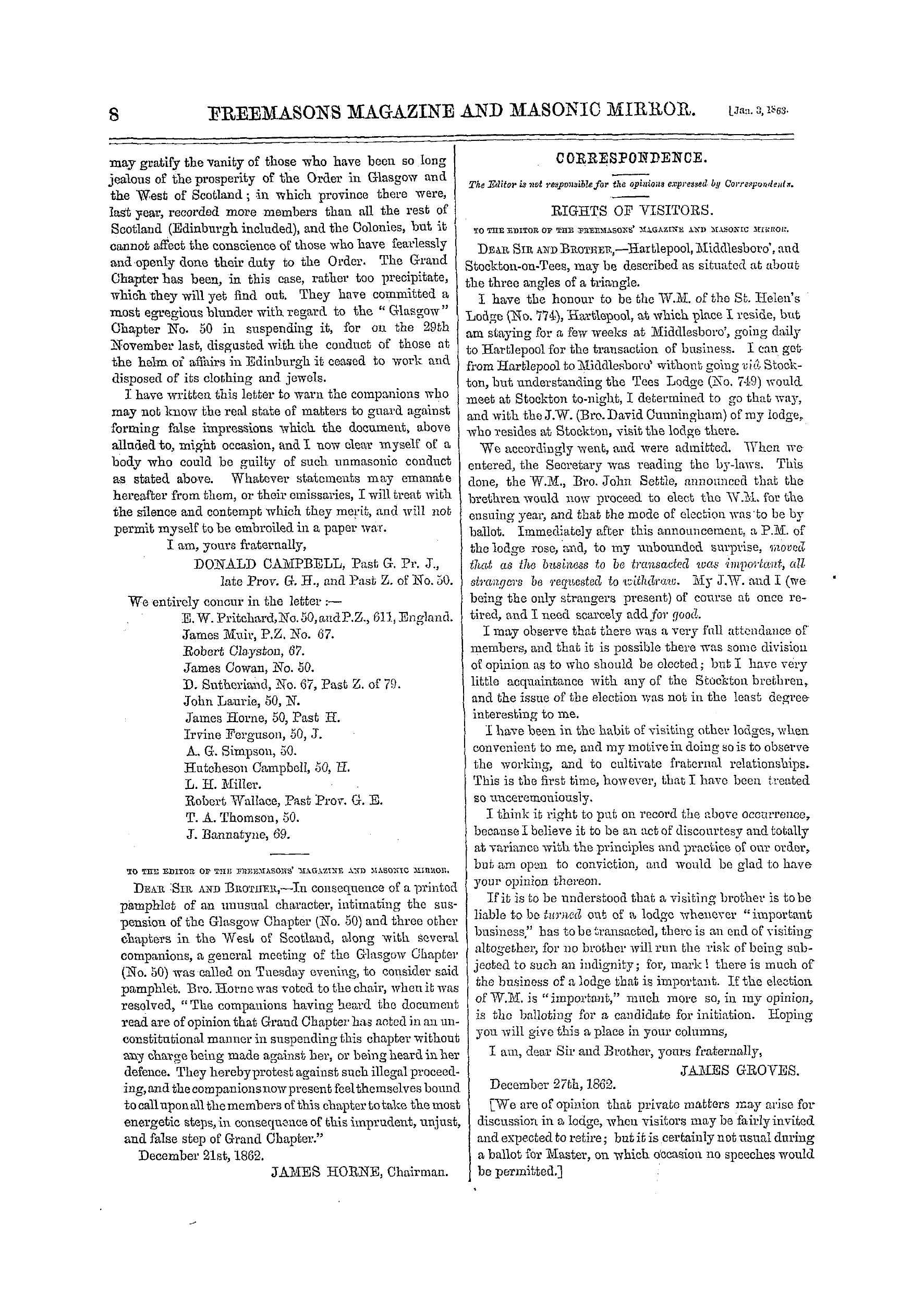 The Freemasons' Monthly Magazine: 1863-01-03 - The Royal Arch Schism In Scotland.