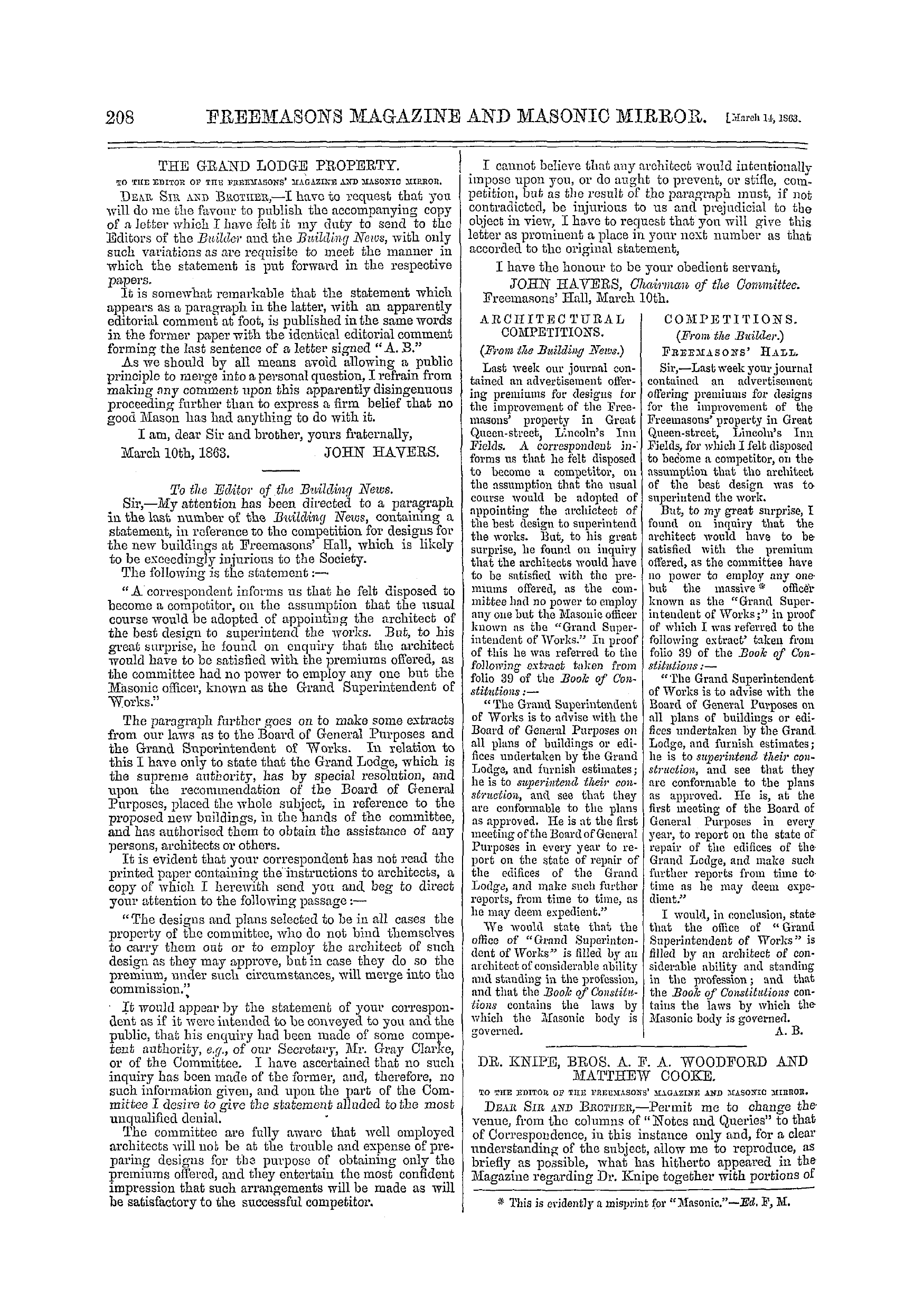 The Freemasons' Monthly Magazine: 1863-03-14 - The Grand Lodge Property.