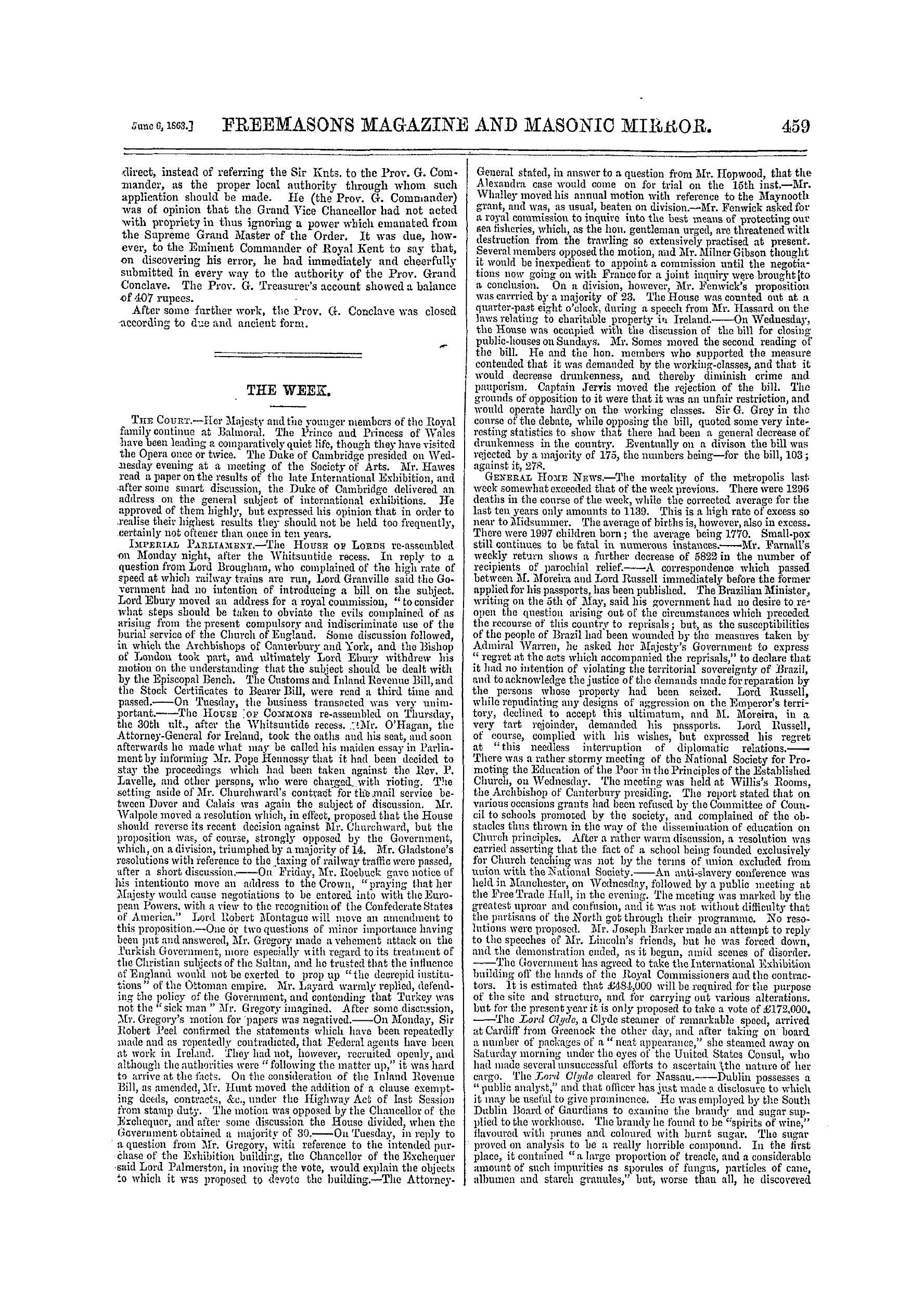 The Freemasons' Monthly Magazine: 1863-06-06 - The Week.