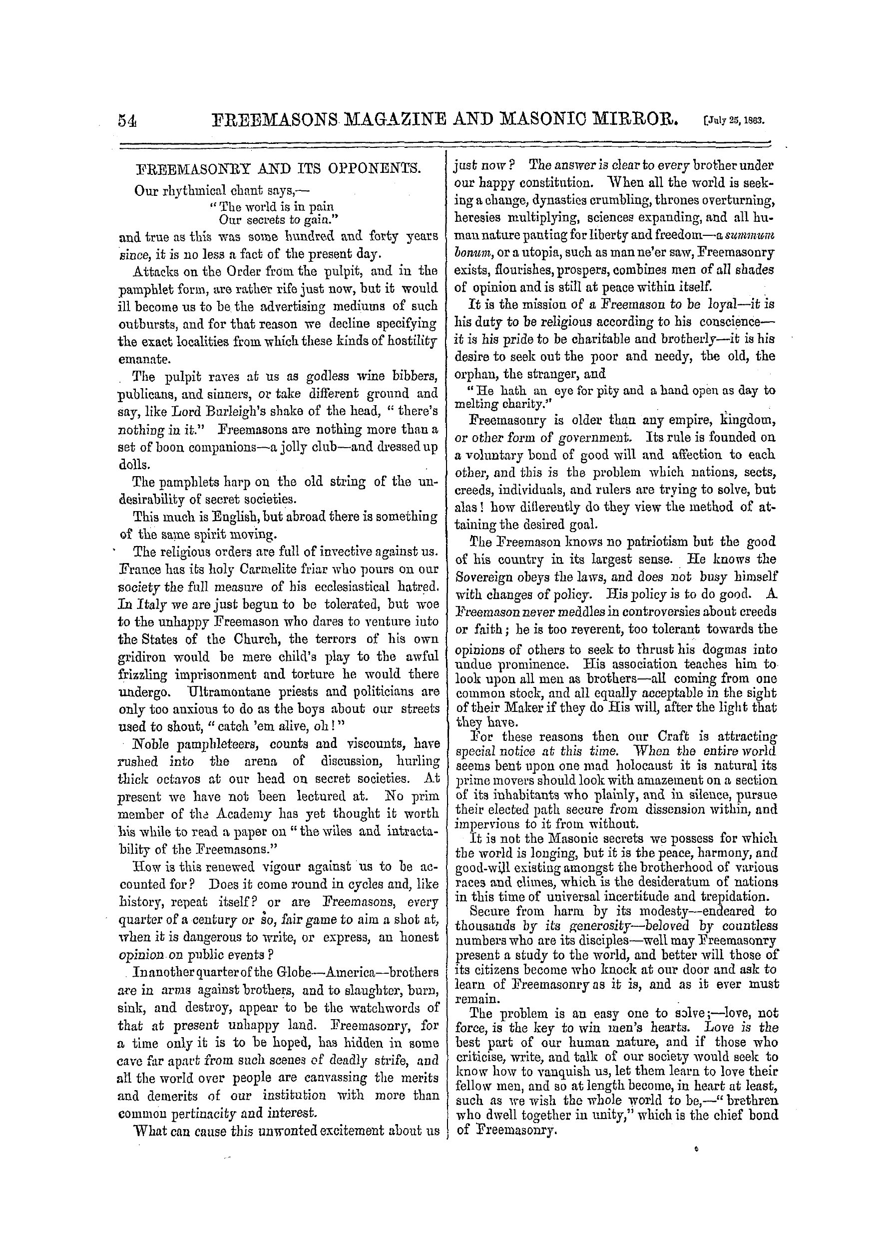 The Freemasons' Monthly Magazine: 1863-07-25 - Freemasonry And Its Opponents.