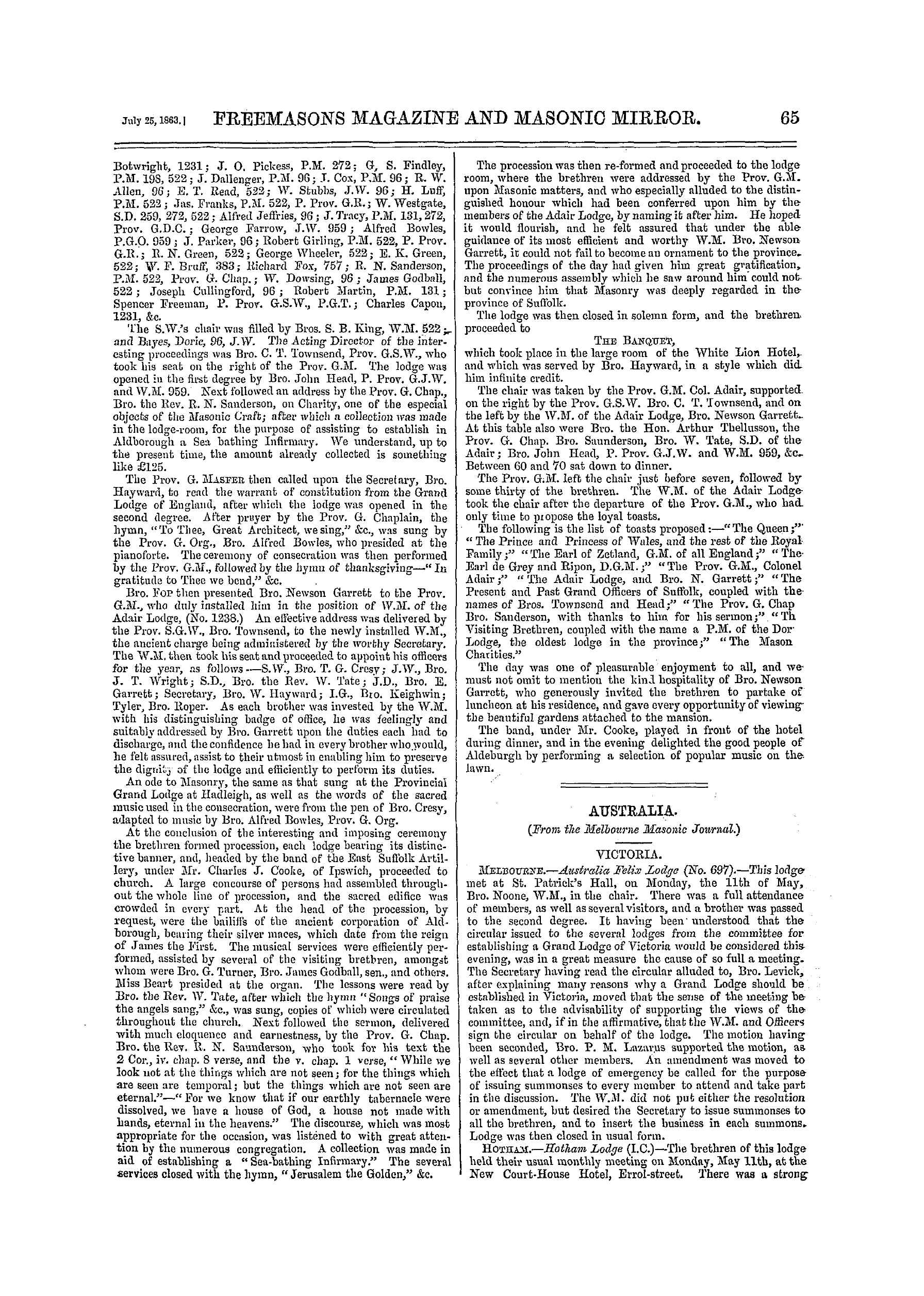 The Freemasons' Monthly Magazine: 1863-07-25 - Australia.