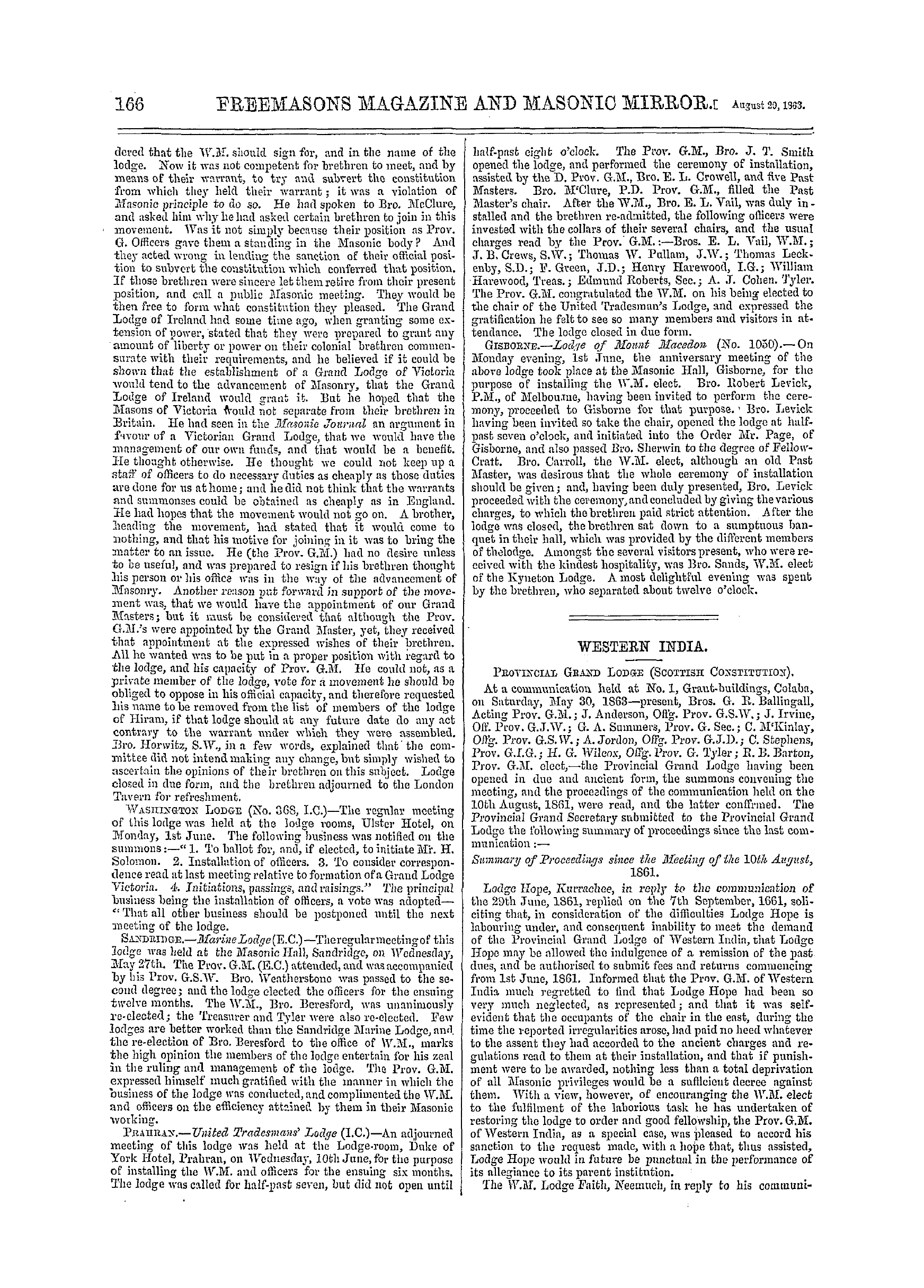 The Freemasons' Monthly Magazine: 1863-08-29 - Western India.