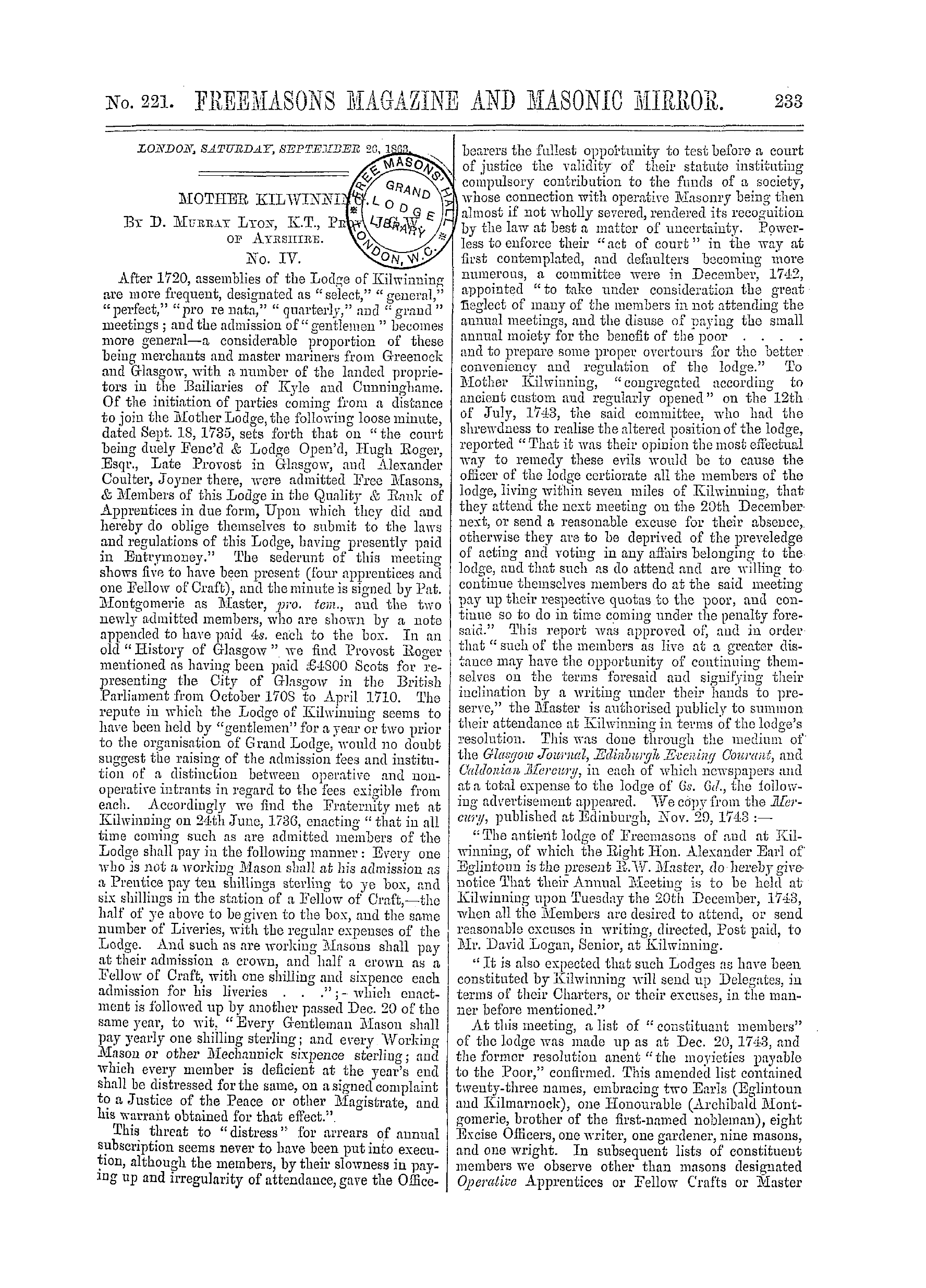 The Freemasons' Monthly Magazine: 1863-09-26: 1