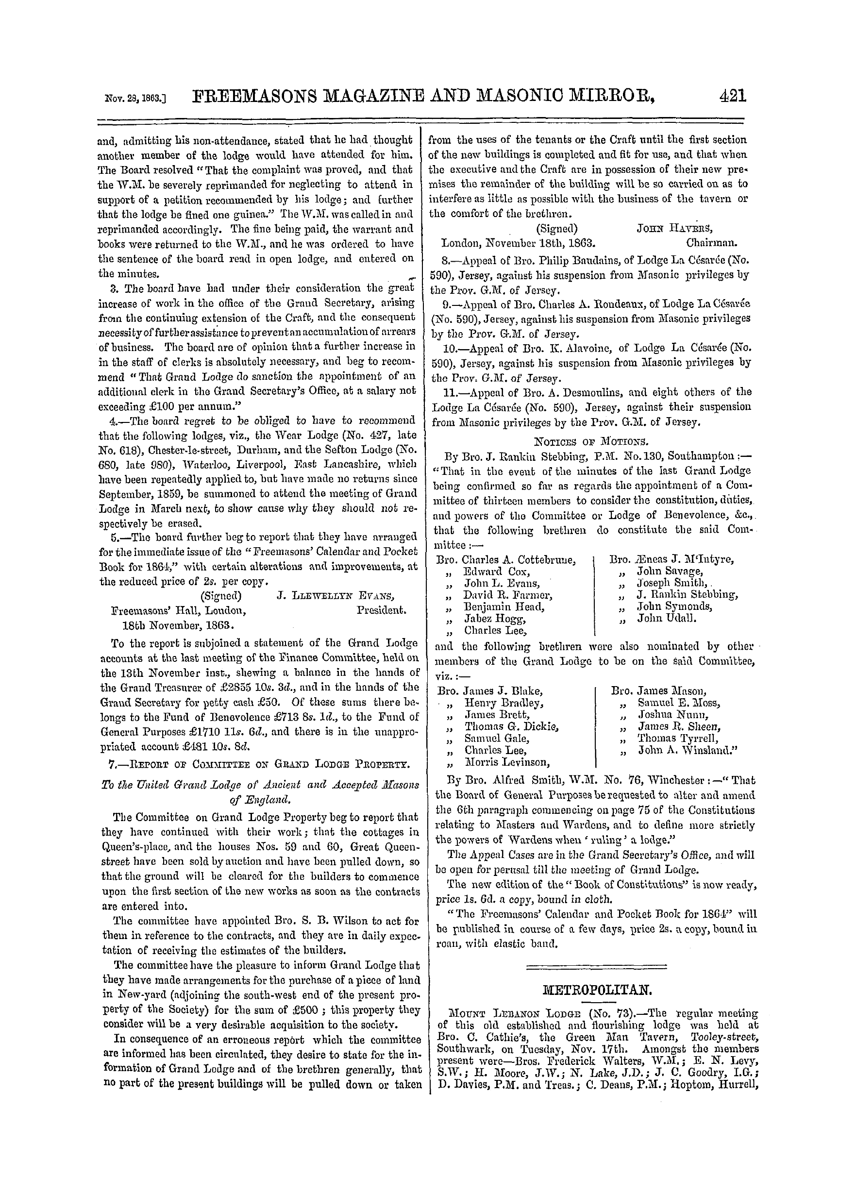The Freemasons' Monthly Magazine: 1863-11-28 - Metropolitan.