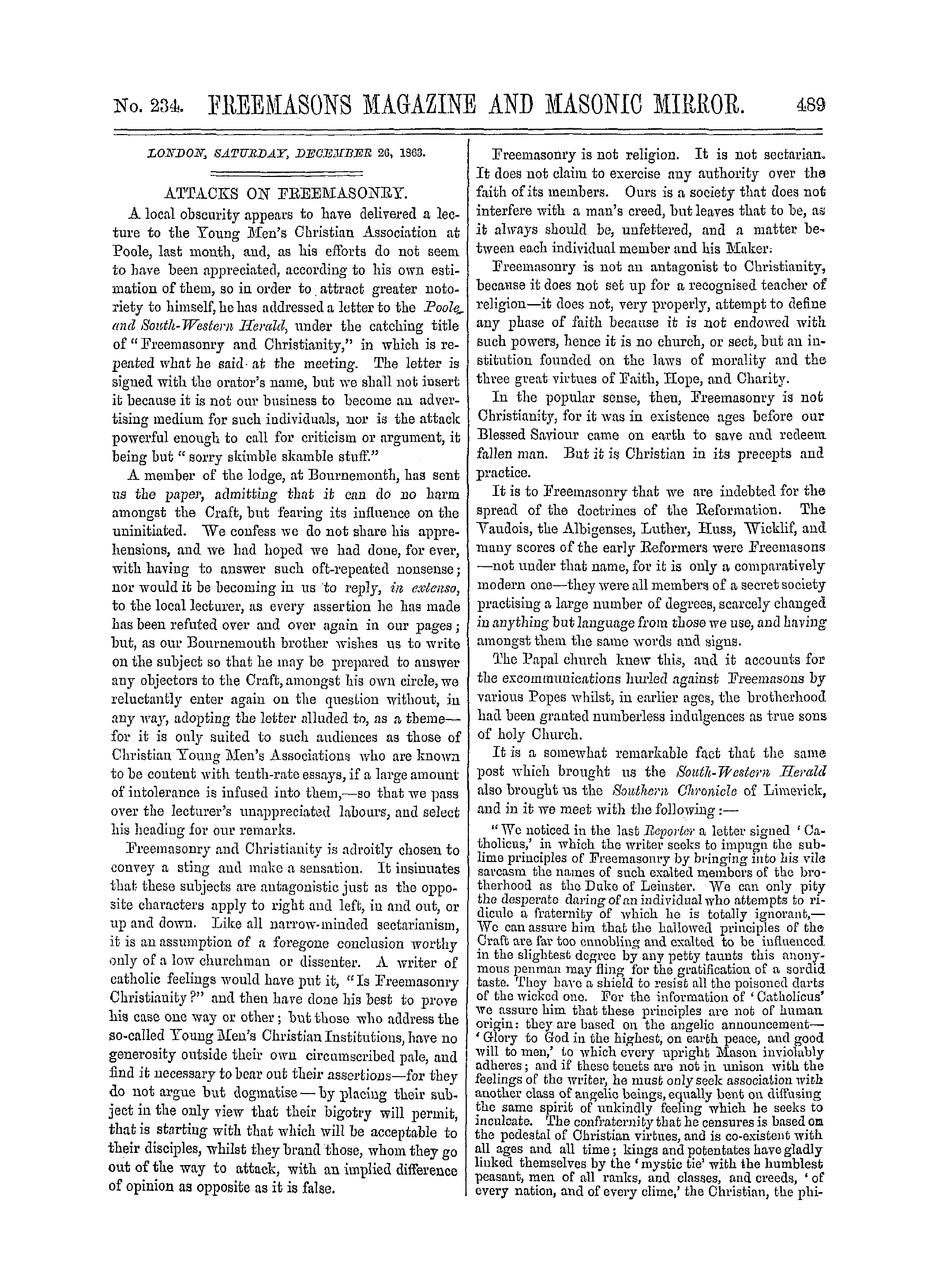 The Freemasons' Monthly Magazine: 1863-12-26 - Attacks On Freemasonry.