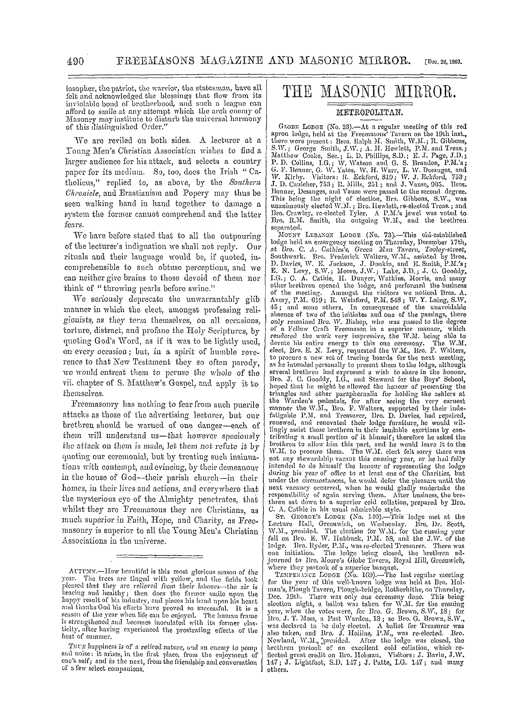 The Freemasons' Monthly Magazine: 1863-12-26 - Attacks On Freemasonry.