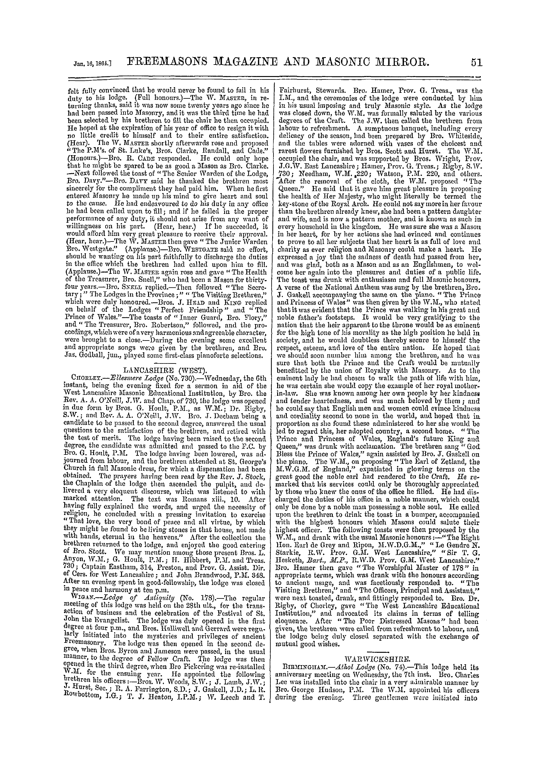 The Freemasons' Monthly Magazine: 1864-01-16 - Provincial.