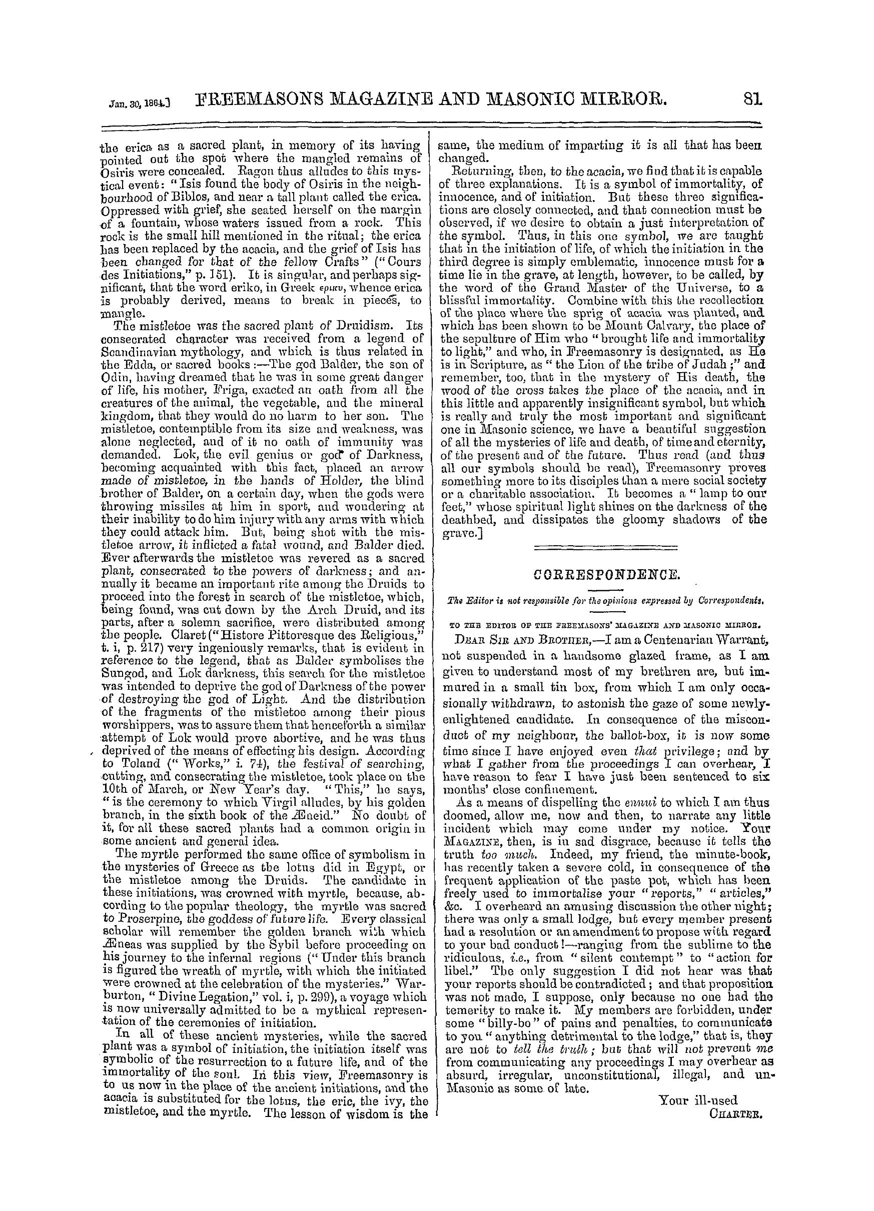 The Freemasons' Monthly Magazine: 1864-01-30 - Correspondence.