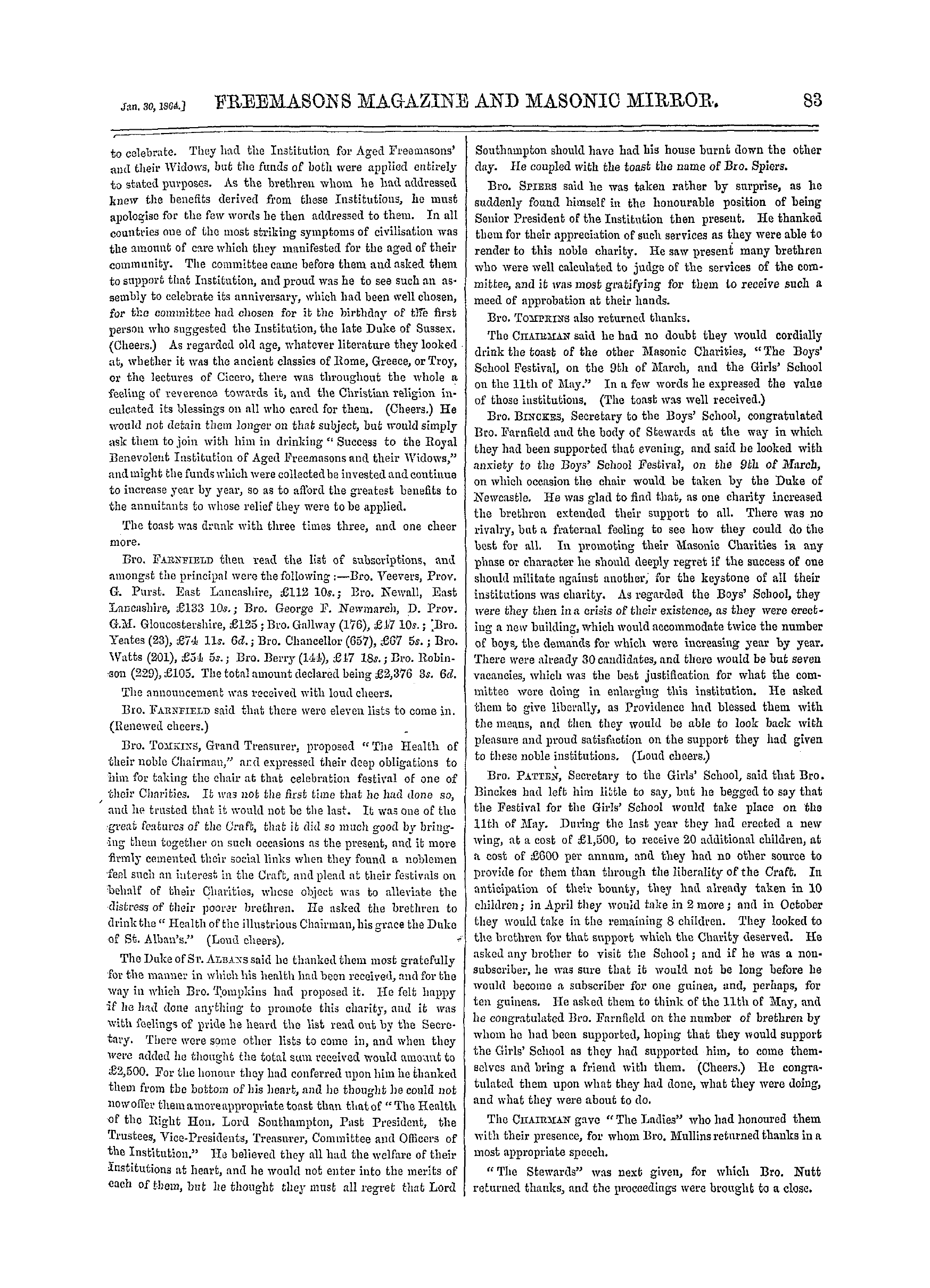 The Freemasons' Monthly Magazine: 1864-01-30 - Royal Benevolent Institution For Aged Freemasons And Their Widows.