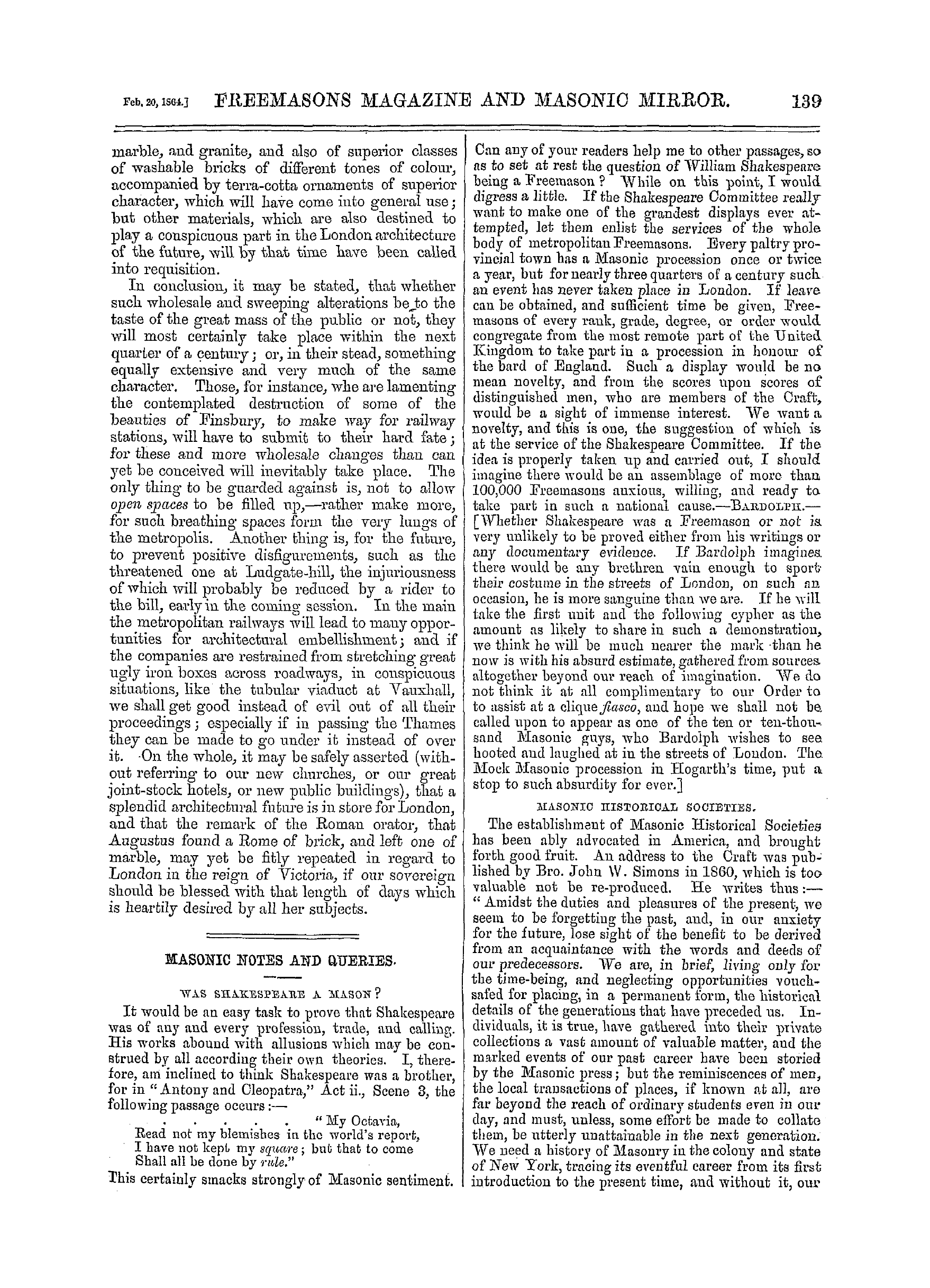 The Freemasons' Monthly Magazine: 1864-02-20 - Masonic Notes And Queries.