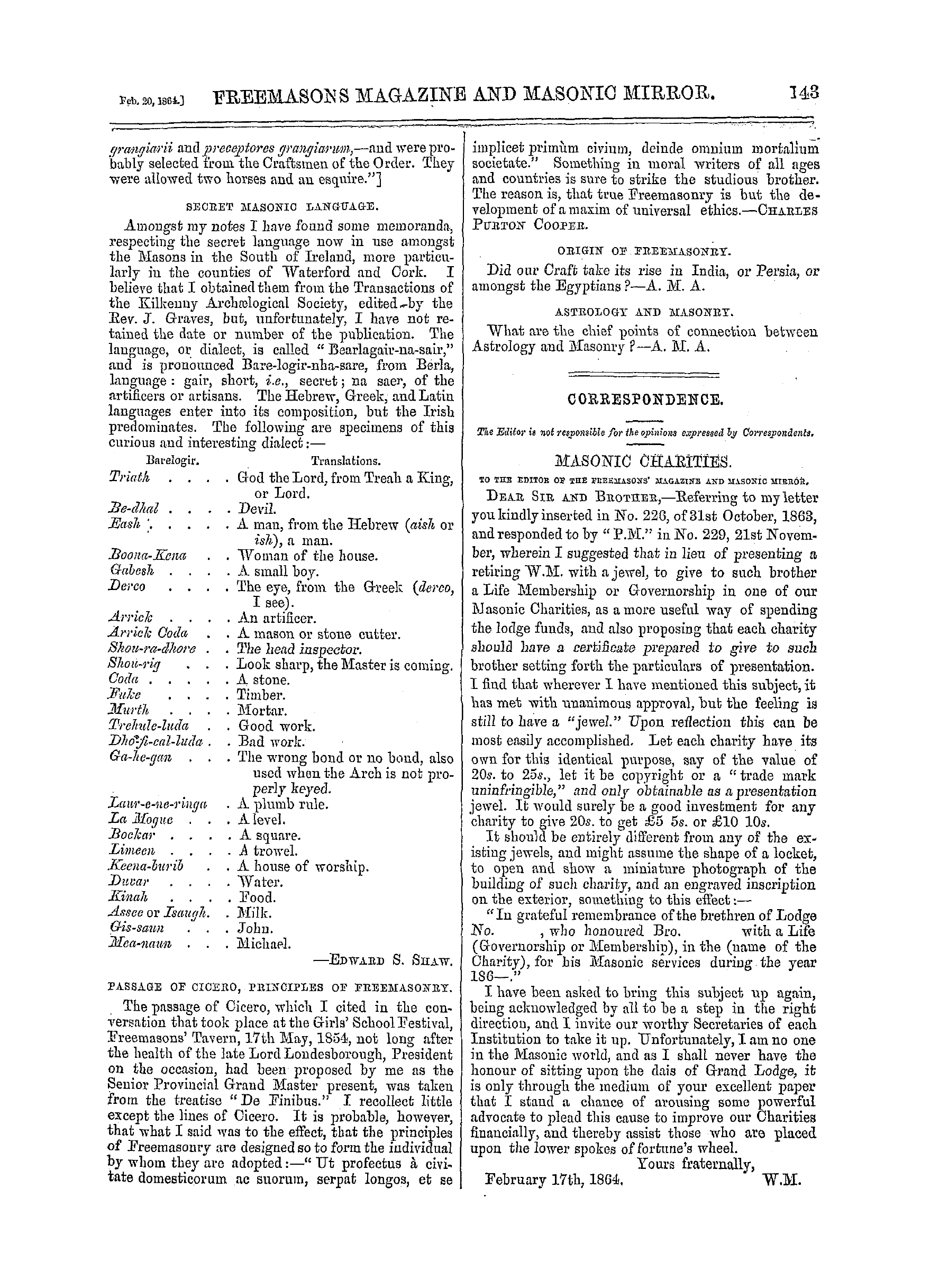 The Freemasons' Monthly Magazine: 1864-02-20 - Masonic Notes And Queries.