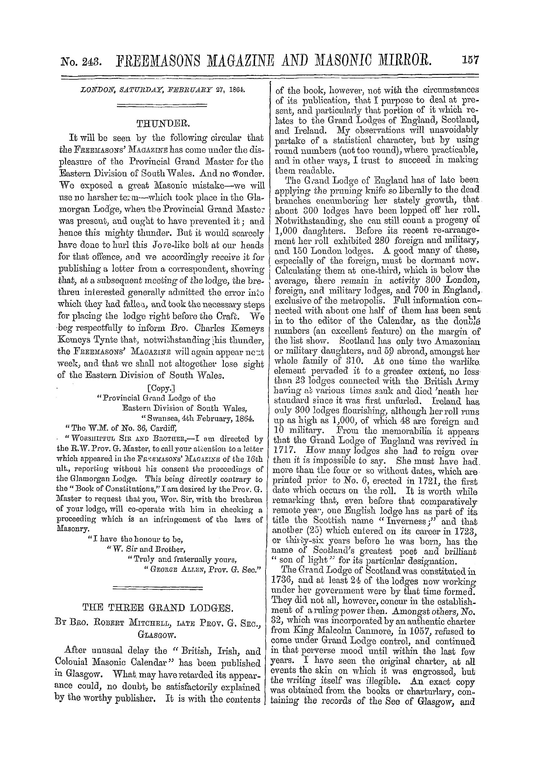 The Freemasons' Monthly Magazine: 1864-02-27 - The Three Grand Lodges.