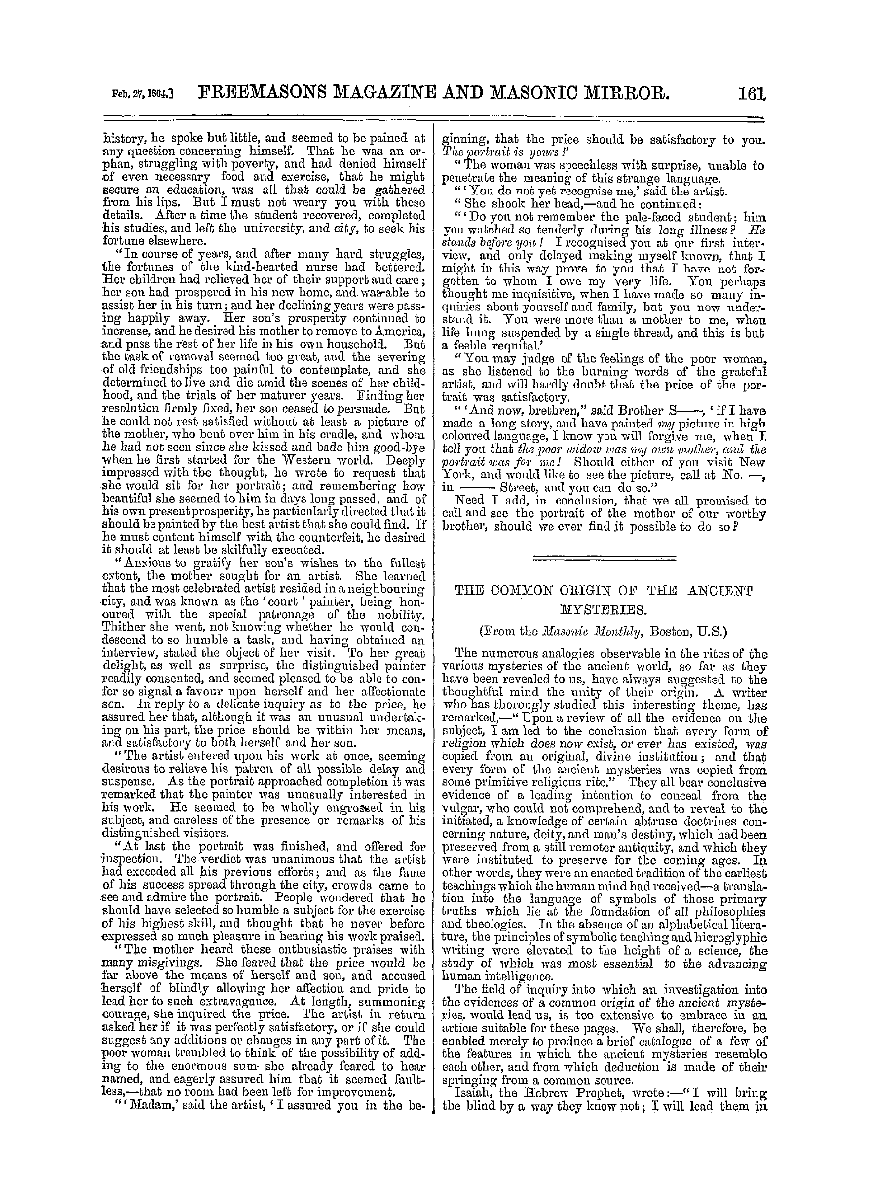 The Freemasons' Monthly Magazine: 1864-02-27 - The Portrait—A Mason's Story.