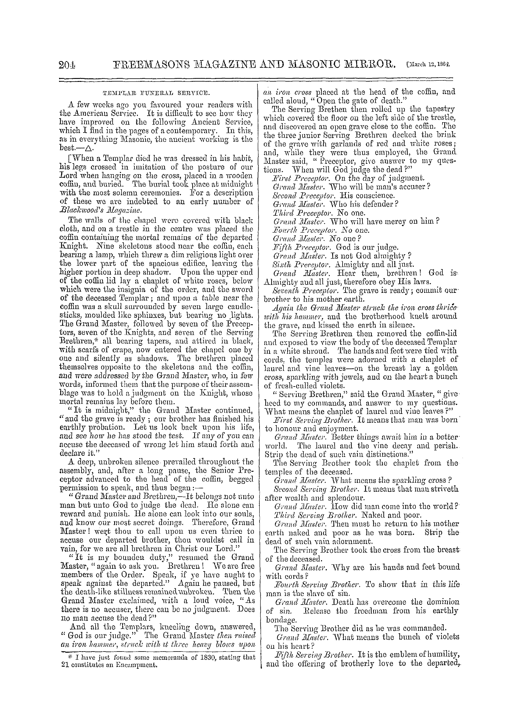 The Freemasons' Monthly Magazine: 1864-03-12 - Templar Funeral Service.