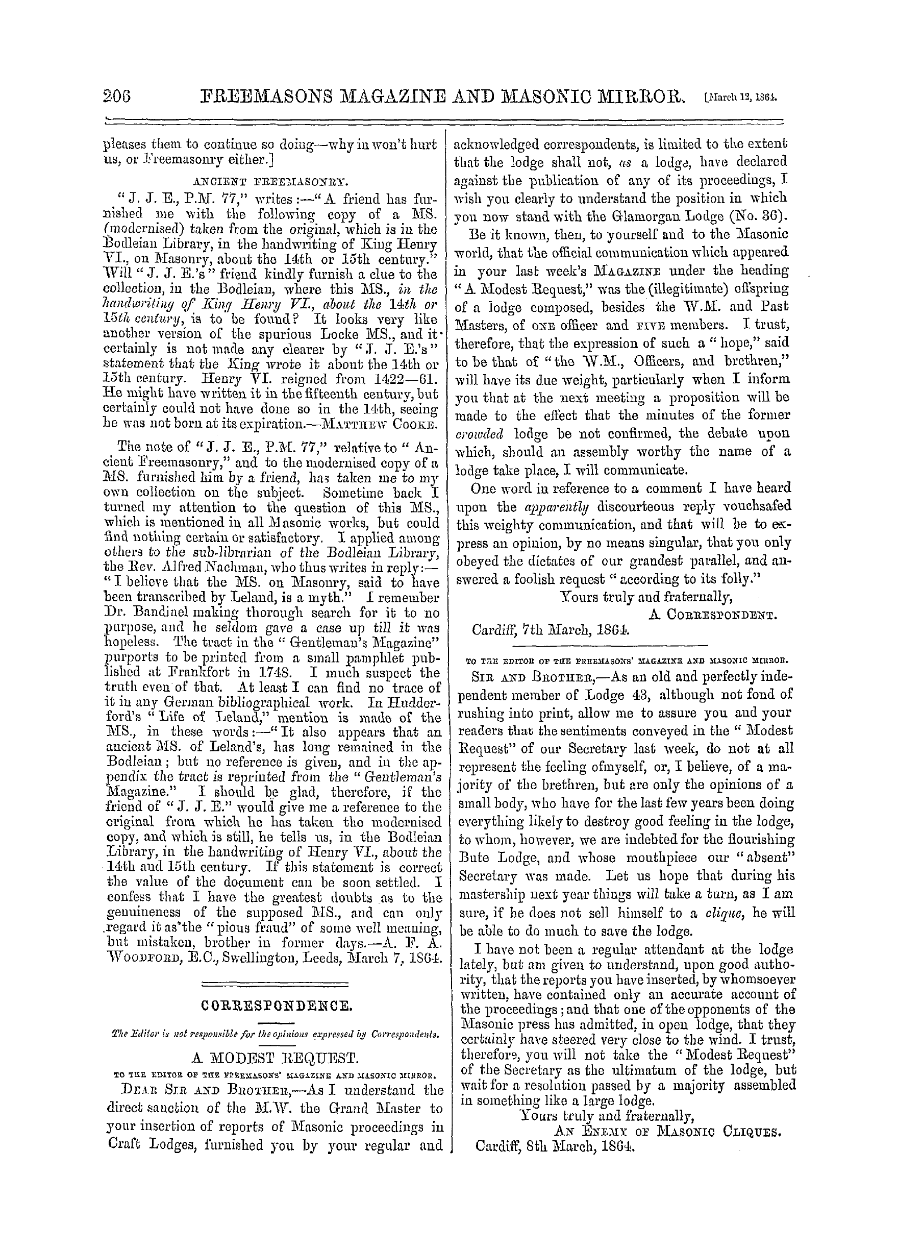 The Freemasons' Monthly Magazine: 1864-03-12 - Templar Funeral Service.